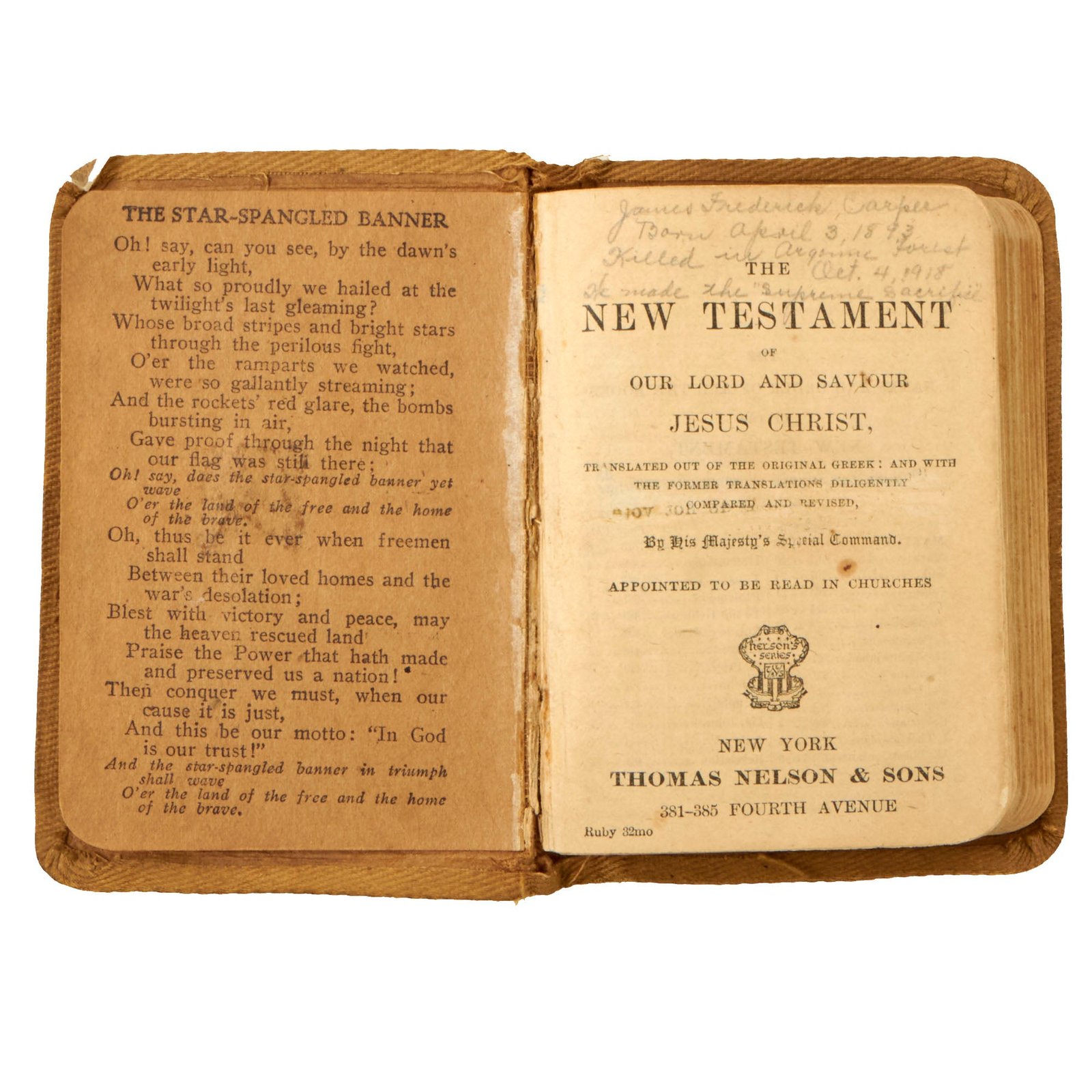 Buy Orignal U.S. WWI 2nd Division KIA Pocket Testament Bible - James Frederick Carper - 23rd Infantry Regiment | Original Firearms Antique For Sale