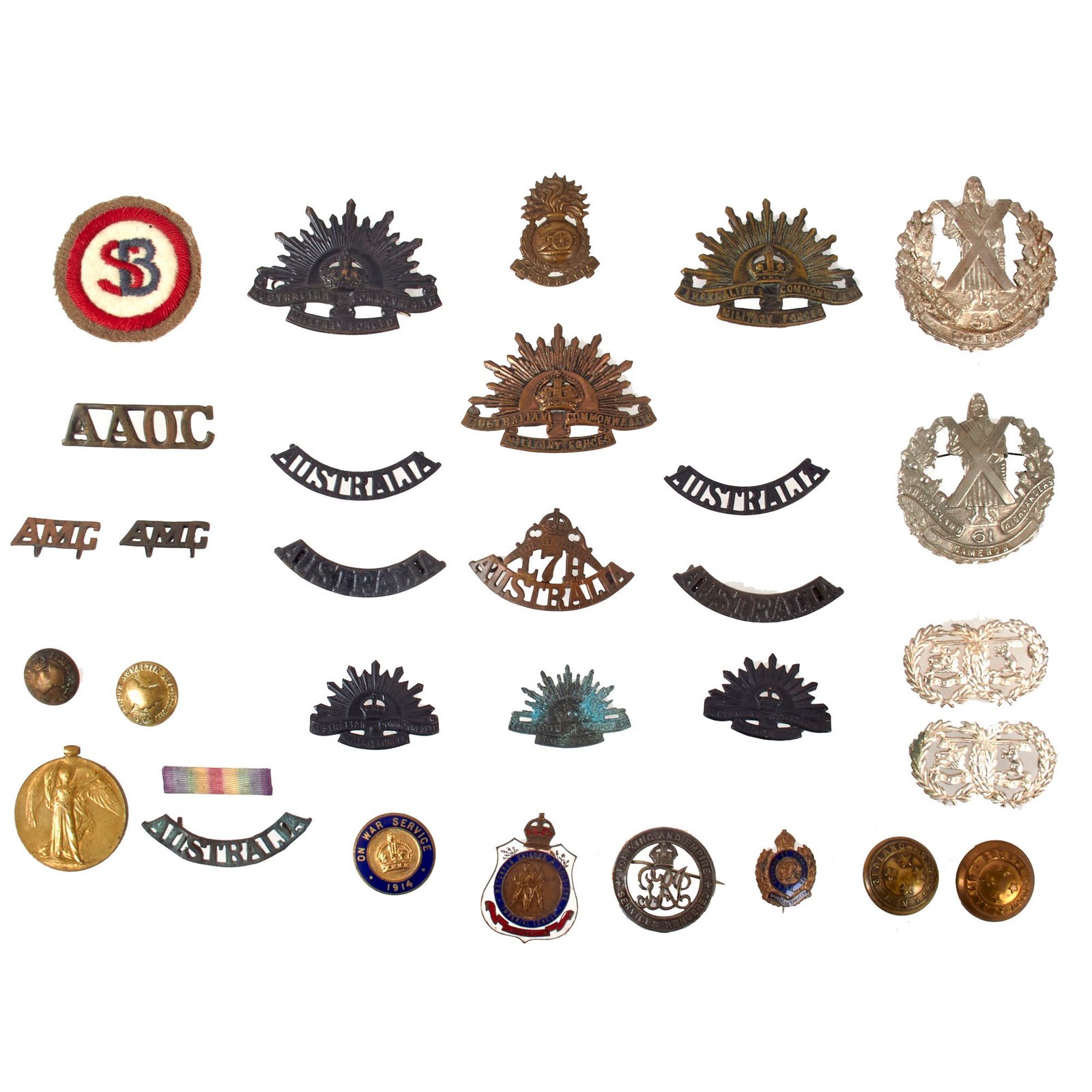 Original Australian WWI Scarce ANZAC Cap, Pin and Collar Insignia Lot with Stretcher Bearer Patch - 31 Pieces Total