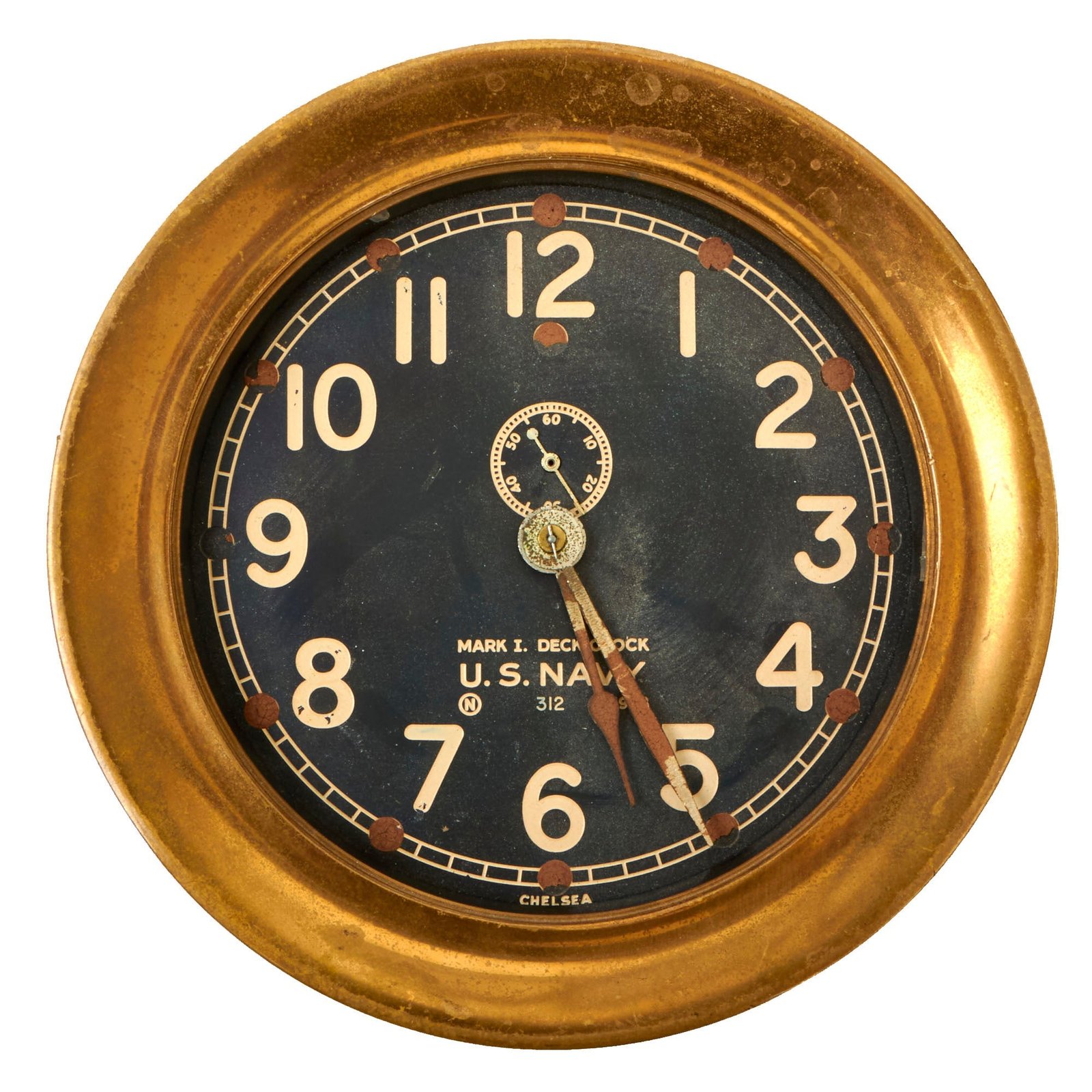 Buy Original WWII U.S. Navy Mark I. Deck Clock by Chelsea Clock Co. dated 1938 in Heavy Brass Housing - Non-Running | Original Firearms Antique For Sale