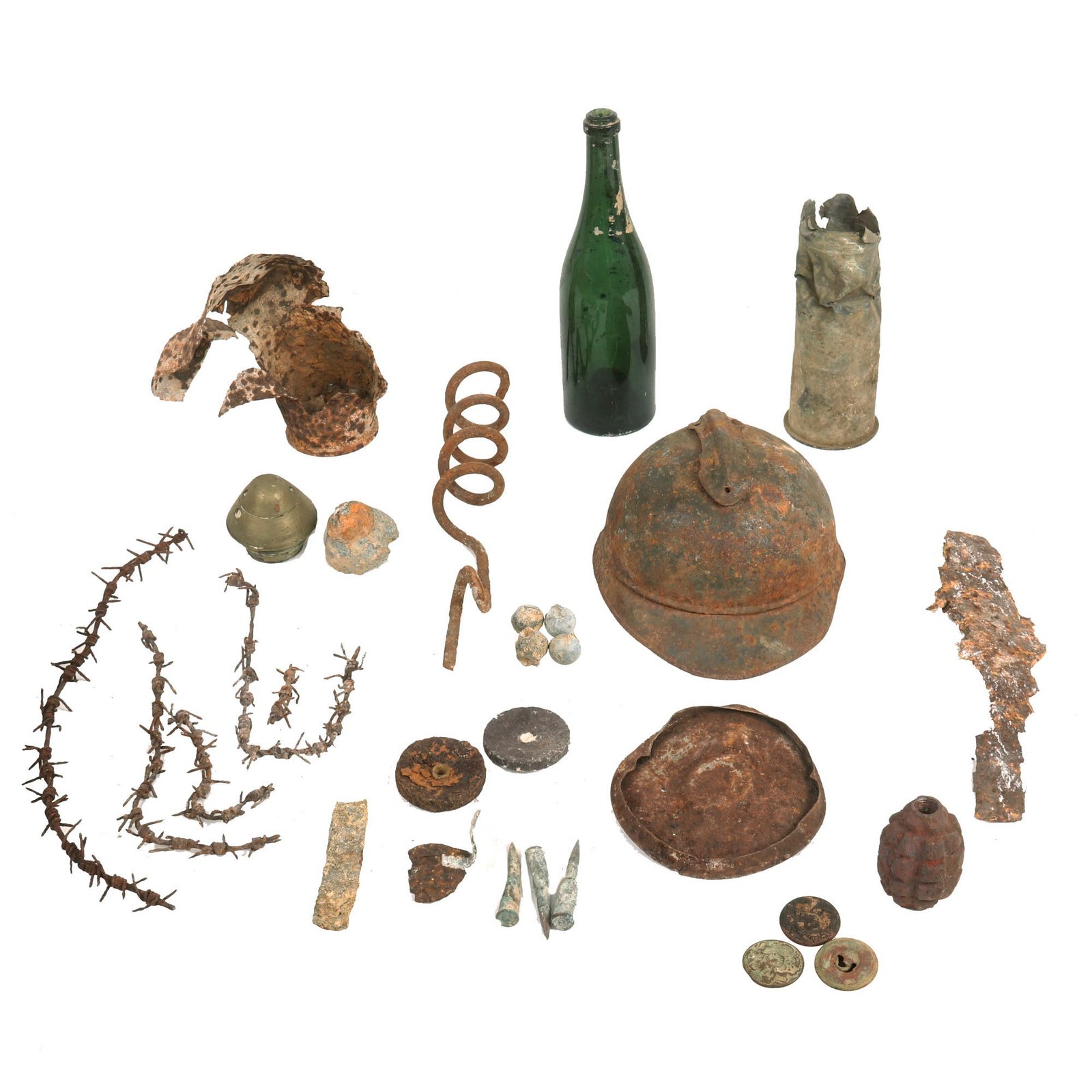 Buy Original WWI French Battlefield Excavated Relic Collection - Adrian Helmet, Wine Bottle, Barbed Wire, Shells & More! | Original Firearms Antique For Sale