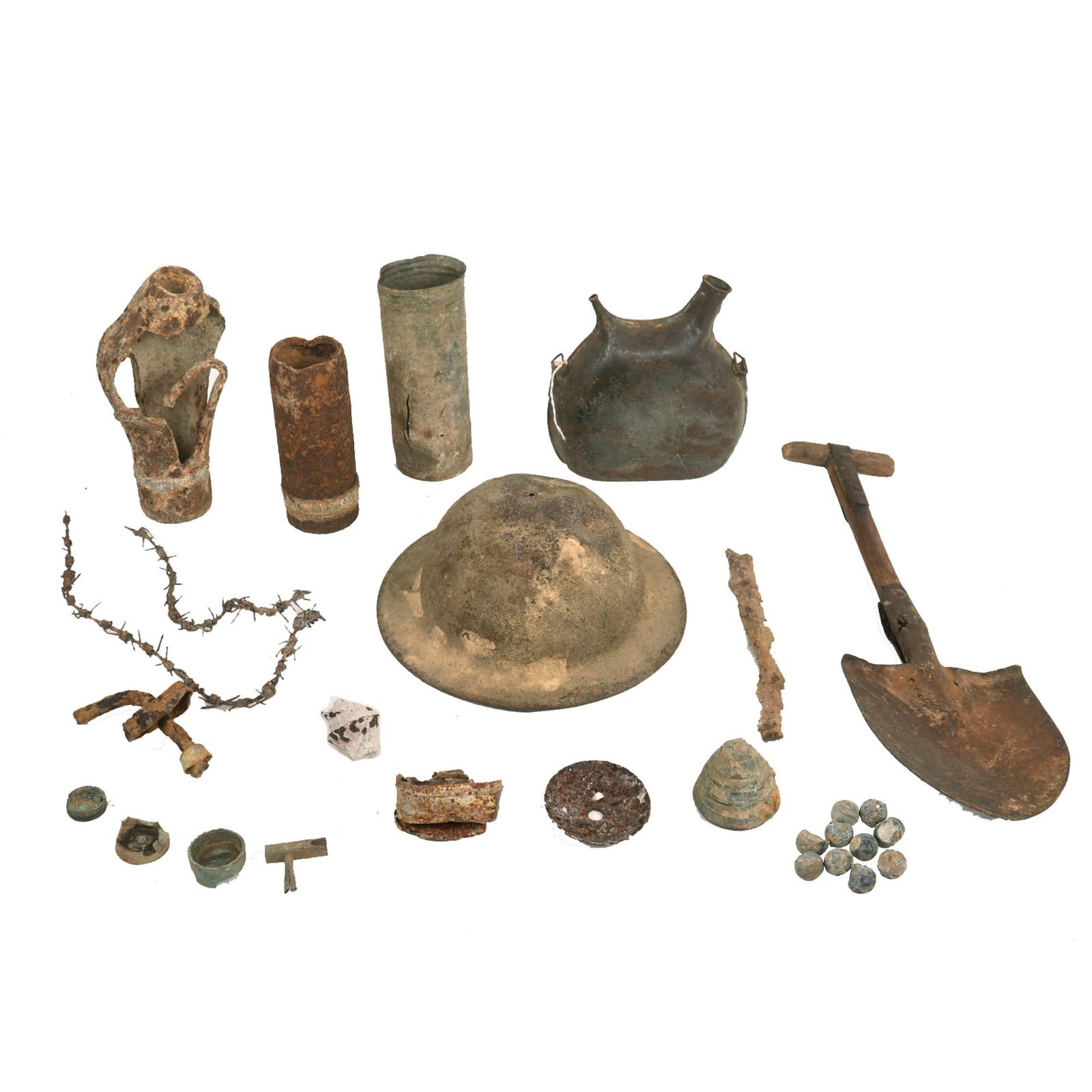 Buy Original WWI French Battlefield Excavated Relic Collection - Helmet, Canteen, Barbed Wire, Inert F-1 Grenade Shells & More! | Original Firearms Antique For Sale