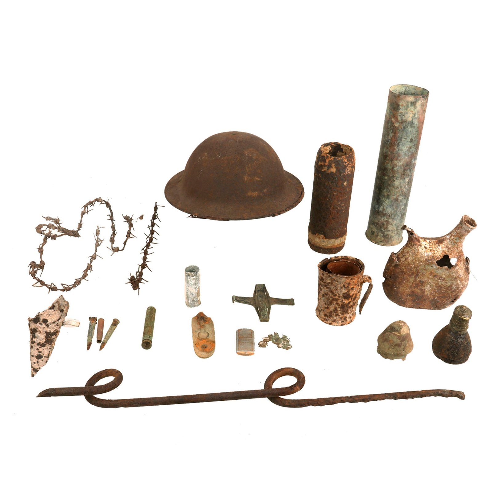 Buy Original WWI French Battlefield Excavated Relic Collection - Helmet, Canteen, Barbed Wire, Shells & More! | Original Firearms Antique For Sale