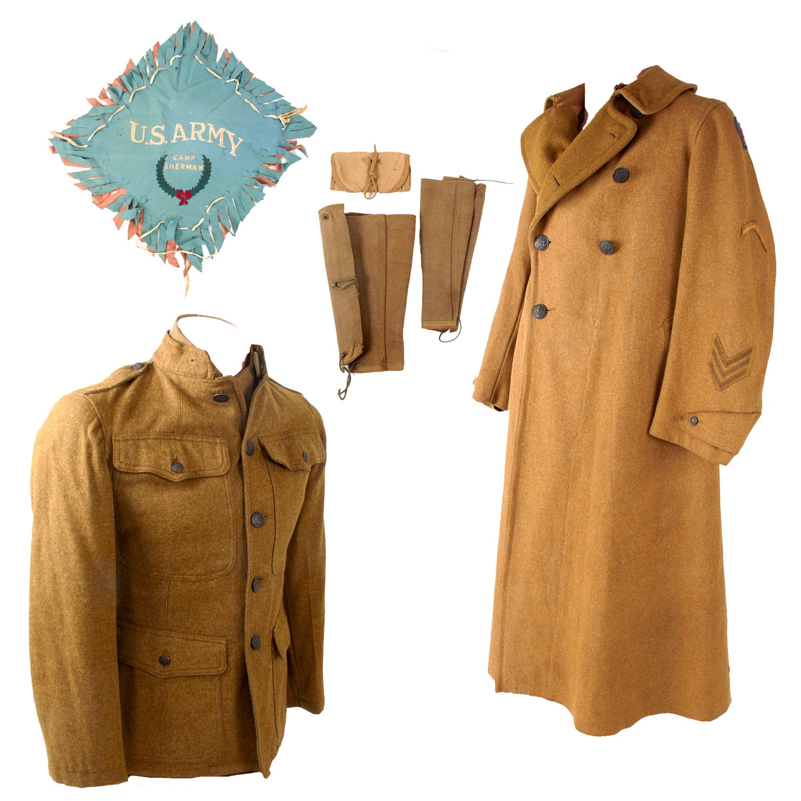 Original U.S. WWI Advanced Sector Patched Greatcoat & Uniform Group with Camp Sherman Pillowcase & Leggings - 18 Months Overseas
