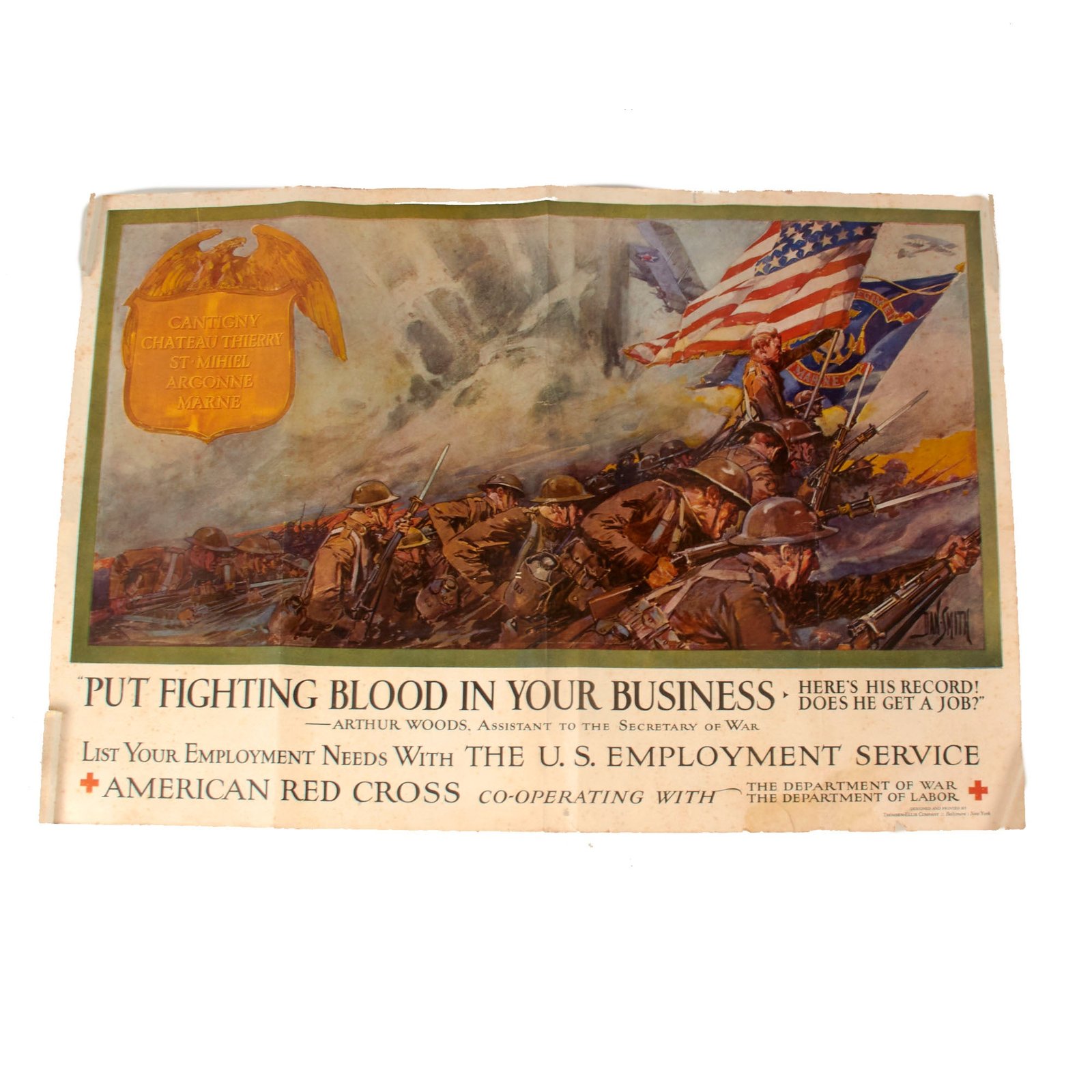 Buy Original U.S. WWI U.S. Employment Service Propaganda Poster Featuring Artwork of USMC 6th Marine Regiment by Dan Smith - 19¼ x 28” | Original Firearms Antique For Sale