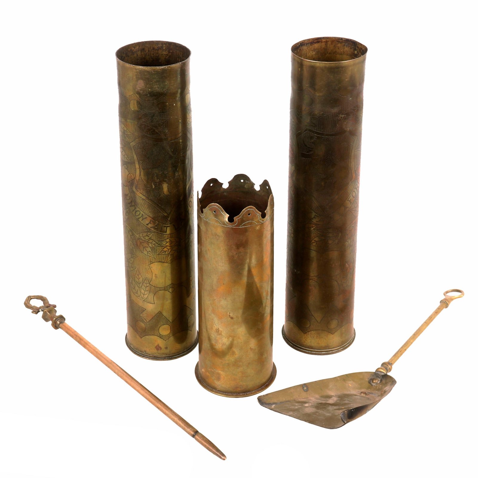 Buy Original French WWI Trench Art Lot with Matching Shells with Belgium Coat of Arms - Fireplace Shovel & Poker | Original Firearms Antique For Sale