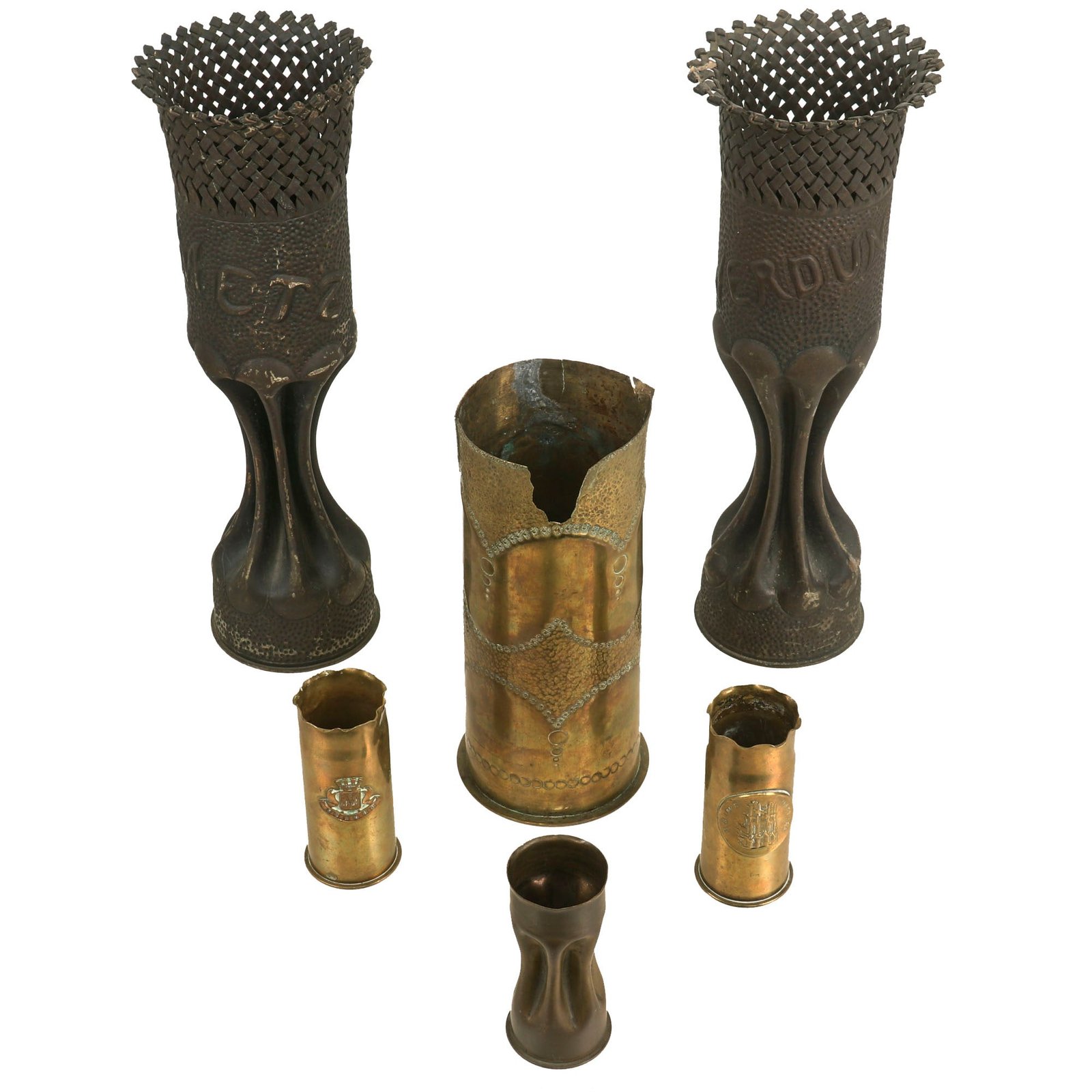 Buy Original French WWI 75mm / 37mm Artillery Shell Casing Trench Art Vase Lot - 6 Items | Original Firearms Antique For Sale