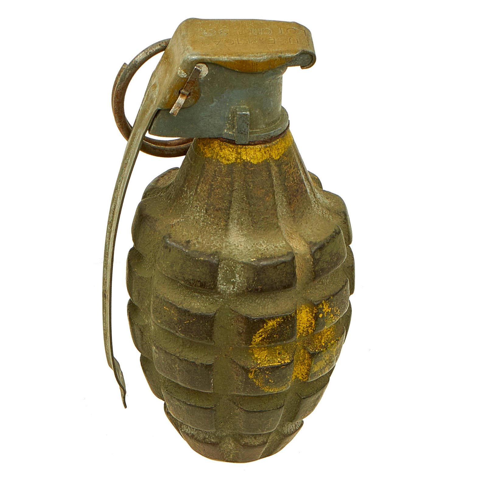 Buy Original U.S. WWII Inert MkII Pineapple Grenade with Yellow Ring & M10A3 Fuze | Original Firearms Antique For Sale
