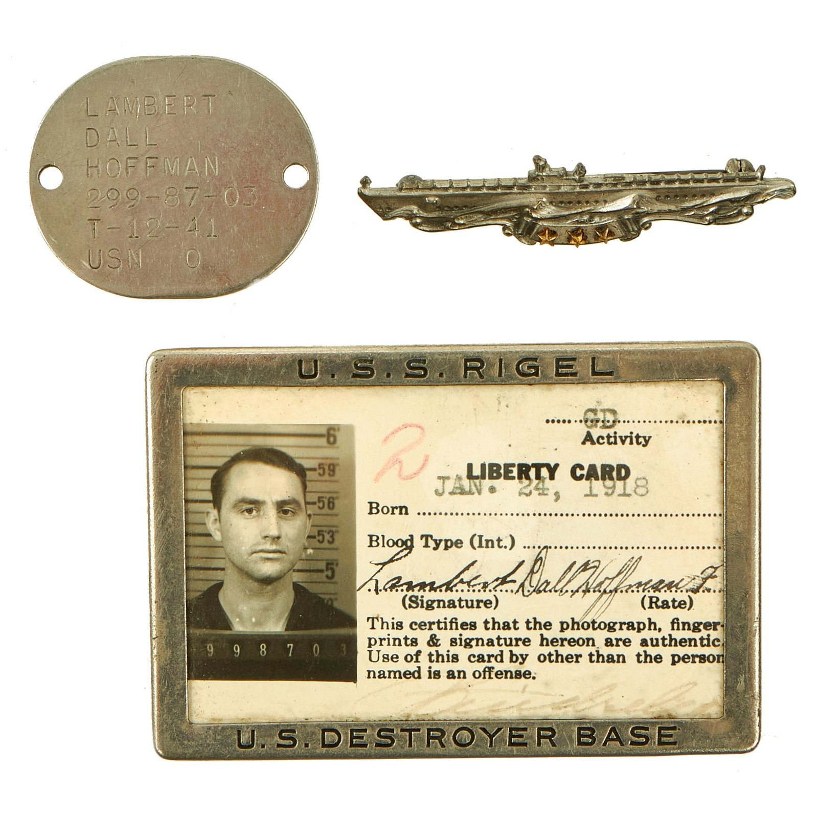 Buy Original U.S. WWII USS Archerfish (SS-311) Submarine Combat Patrol Insignia And Dog Tag Grouping For Fireman First Class Lambert Dall Hoffman - (3) Items With ID | Original Firearms Antique For Sale