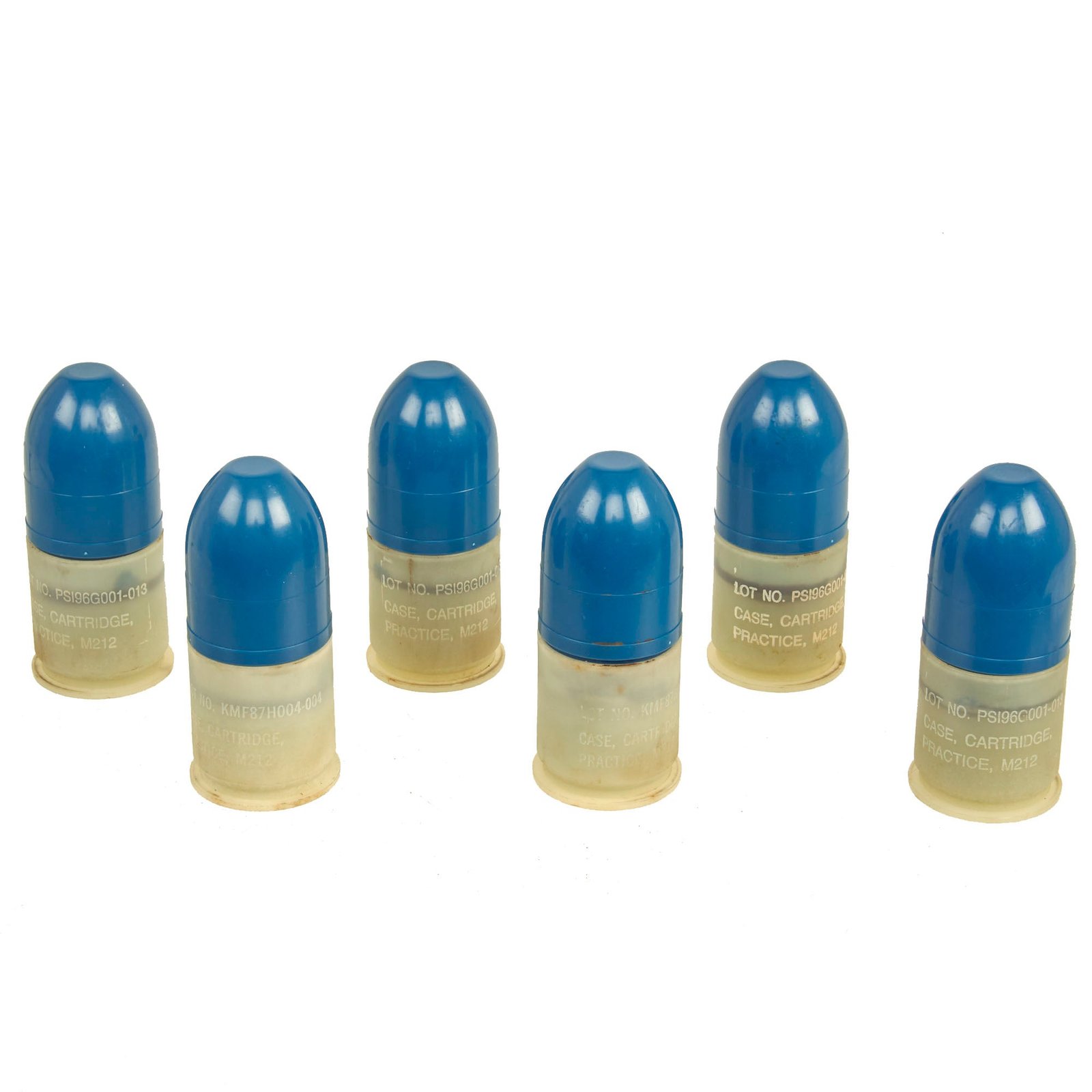 Buy Original U.S. Inert 40mm M781 Training Practice Round Lot of 6 With Cloth Bandolier - 7 Items Total | Original Firearms Antique For Sale