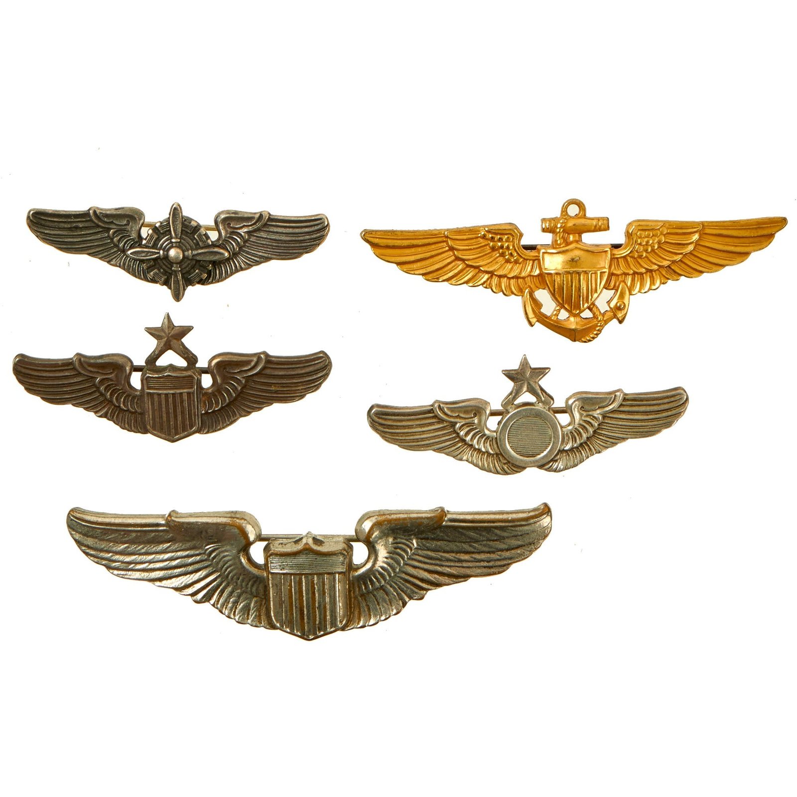 Buy Original U.S. WWII Era US Army Air Forces Aviator Full Sized and Miniature Wings Lot by N.S. Meyer - 5 Sets | Original Firearms Antique For Sale