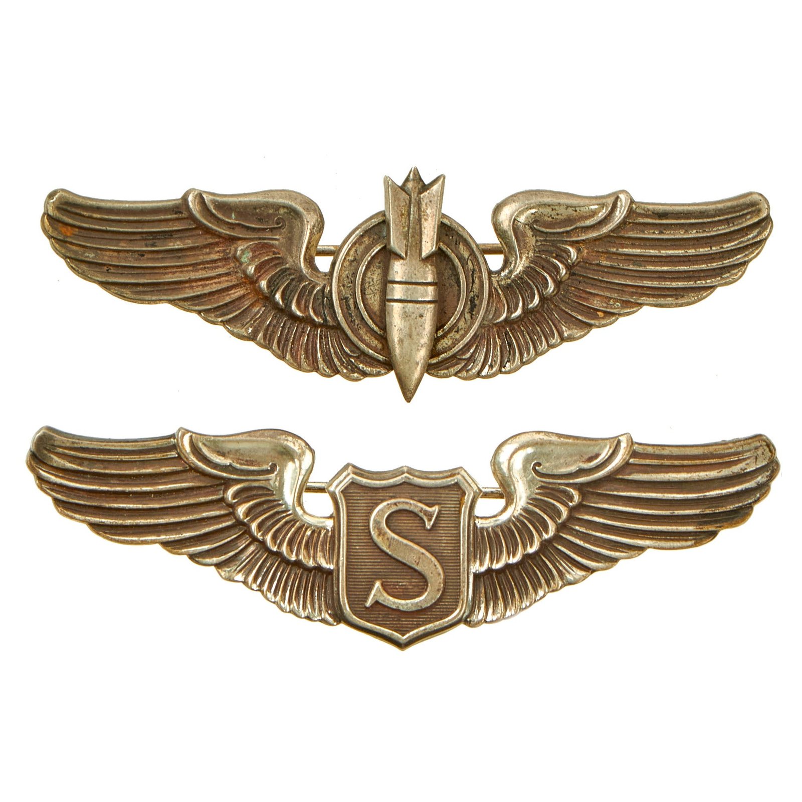Buy Original U.S. WWII Sterling Wings Lot Featuring Service Pilot Wings and Bombardier Wings - Both By N.S. Meyer | Original Firearms Antique For Sale
