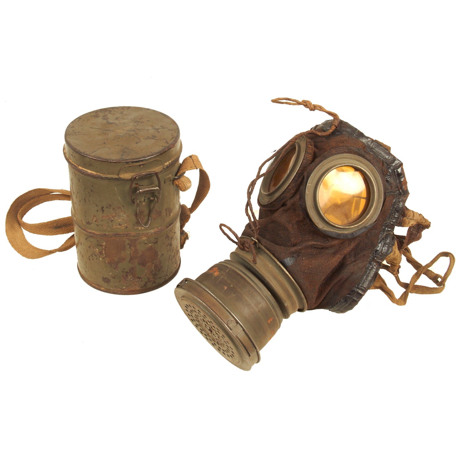 Buy Original Imperial German WWI M1917 Ledermaske Gas Mask with Can Battlefield Pickup by “R. WINTERS” at Verdun - dated 1918 | Original Firearms Antique For Sale