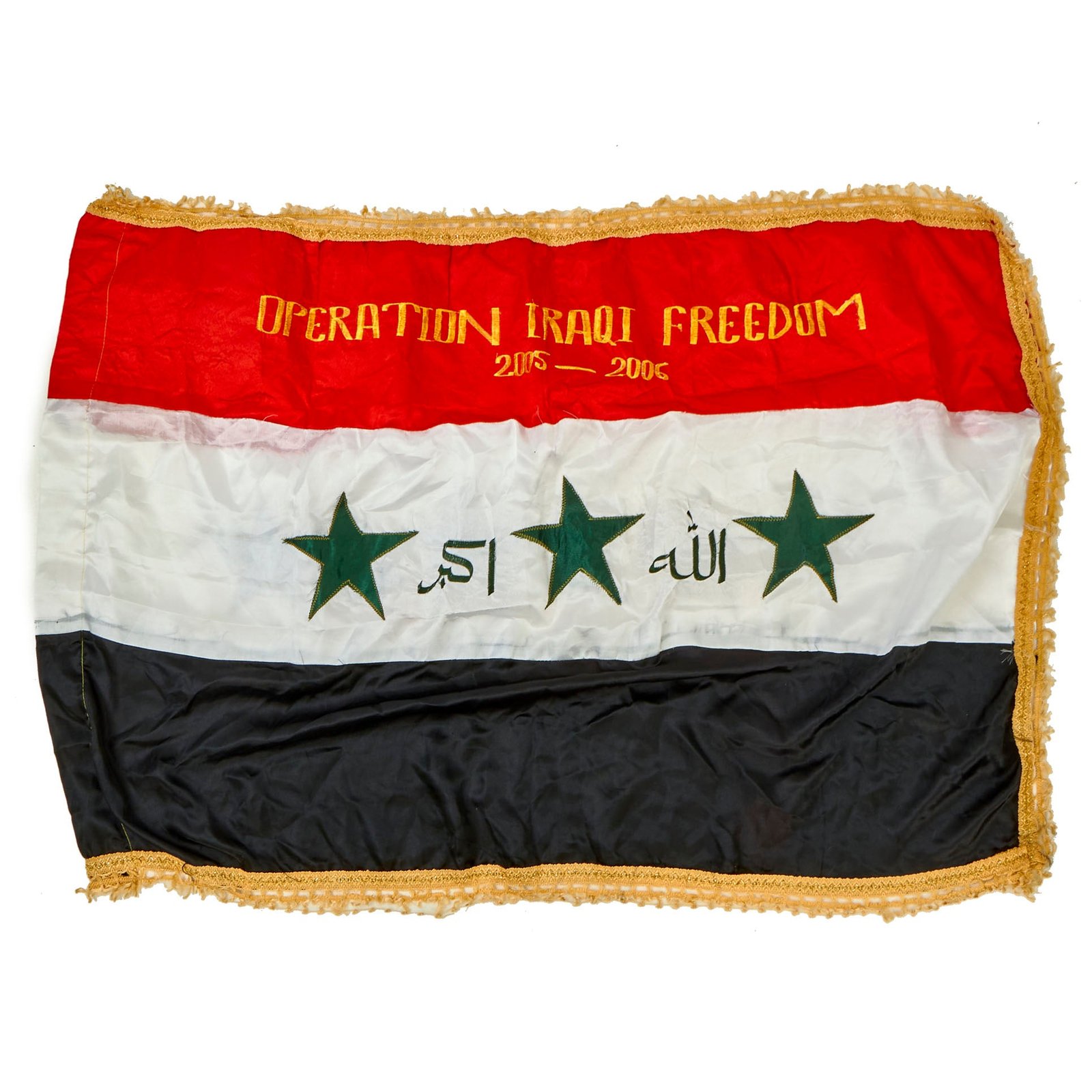 Buy Original Operation Iraqi Freedom Multi-Piece Constructed Souvenir Flag of Iraq With Gold Fringe - 31” x 47” | Original Firearms Antique For Sale