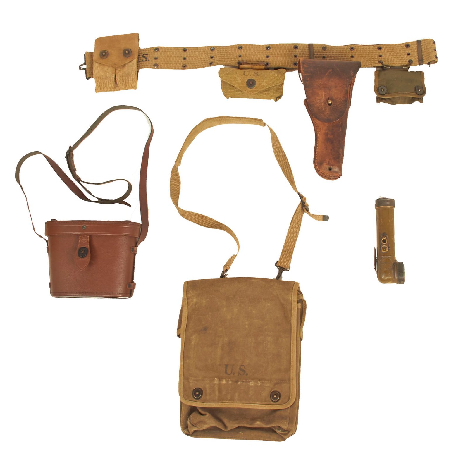 Buy Original U.S. WWII Officer’s Gear Lot Featuring  M1936 Pistol Belt, M1911 Holster by Warren, Magazine Pouch, First Aid Pouch WITH Box & Bandage, Binoculars Set, Map Case and Early TL-122 Flashlight | Original Firearms Antique For Sale
