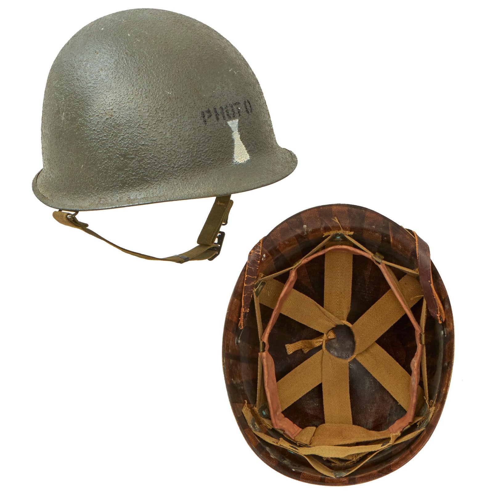 Buy Original U.S. WWII Photographer’s Schlueter Front Seam Swivel Bale M1 Helmet with International Molded Plastics Liner | Original Firearms Antique For Sale