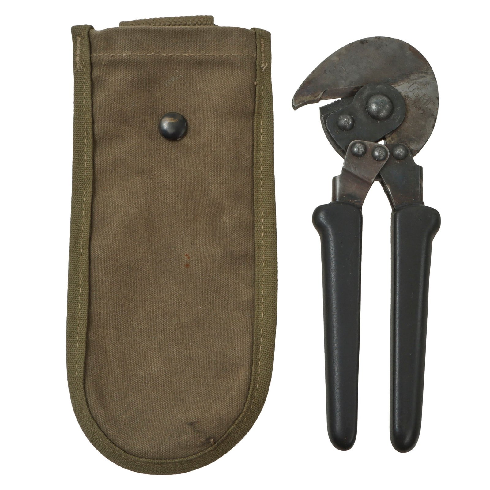 Original U.S. WWII Era Marine Corps M-1938 Wire Cutters With USMC Pattern Canvas Carrier With Front Button Snap - Dated 1945