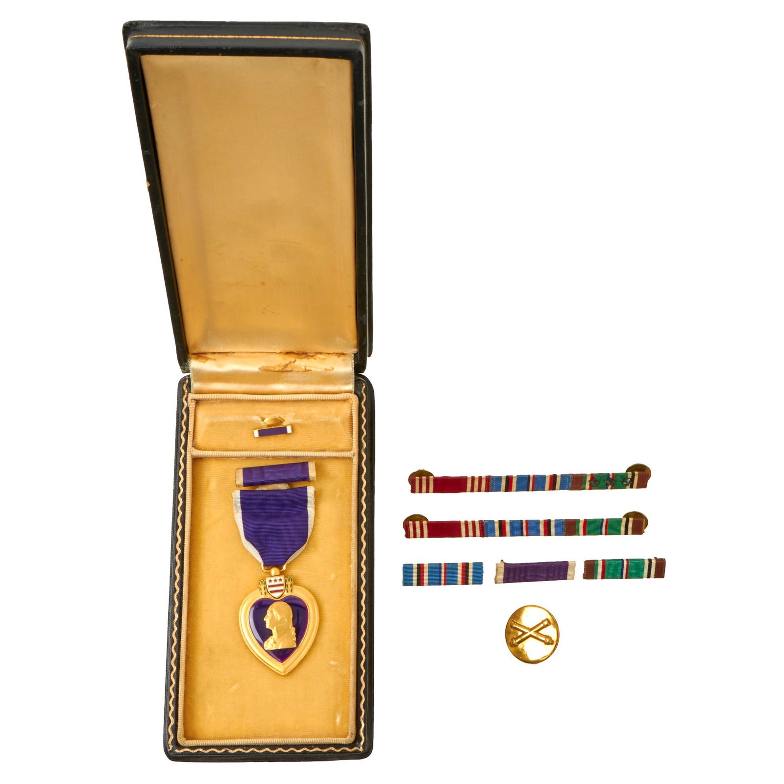 Buy Original U.S. WWII Purple Heart with Original Citation & Ribbon Bar - 215th Field Artillery Battalion | Original Firearms Antique For Sale
