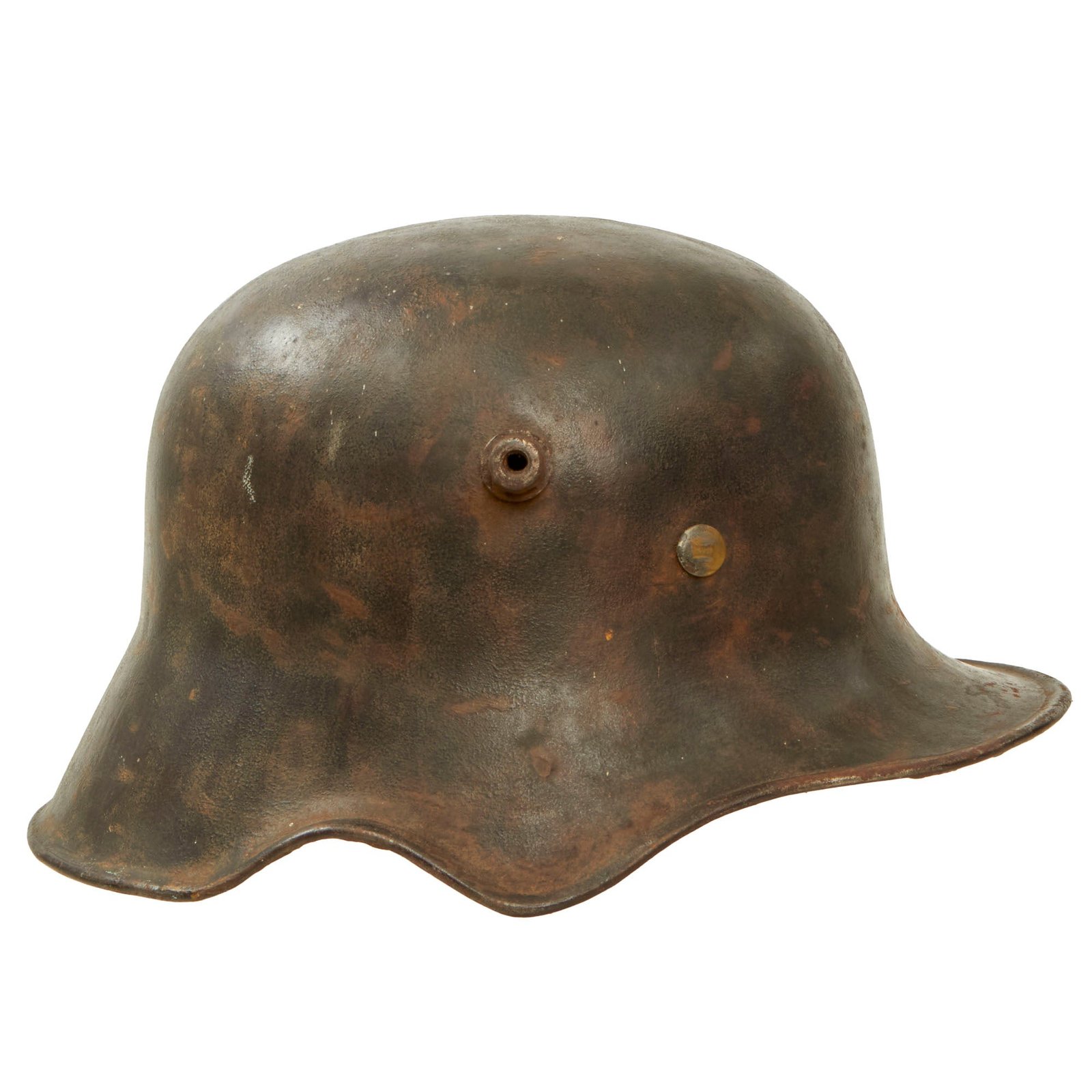 Buy Original Imperial German WWI Single Decal Transitional M18 “Ear Cut Out” Helmet with Liner & Broken Chinstrap - Marked ET 64 | Original Firearms Antique For Sale