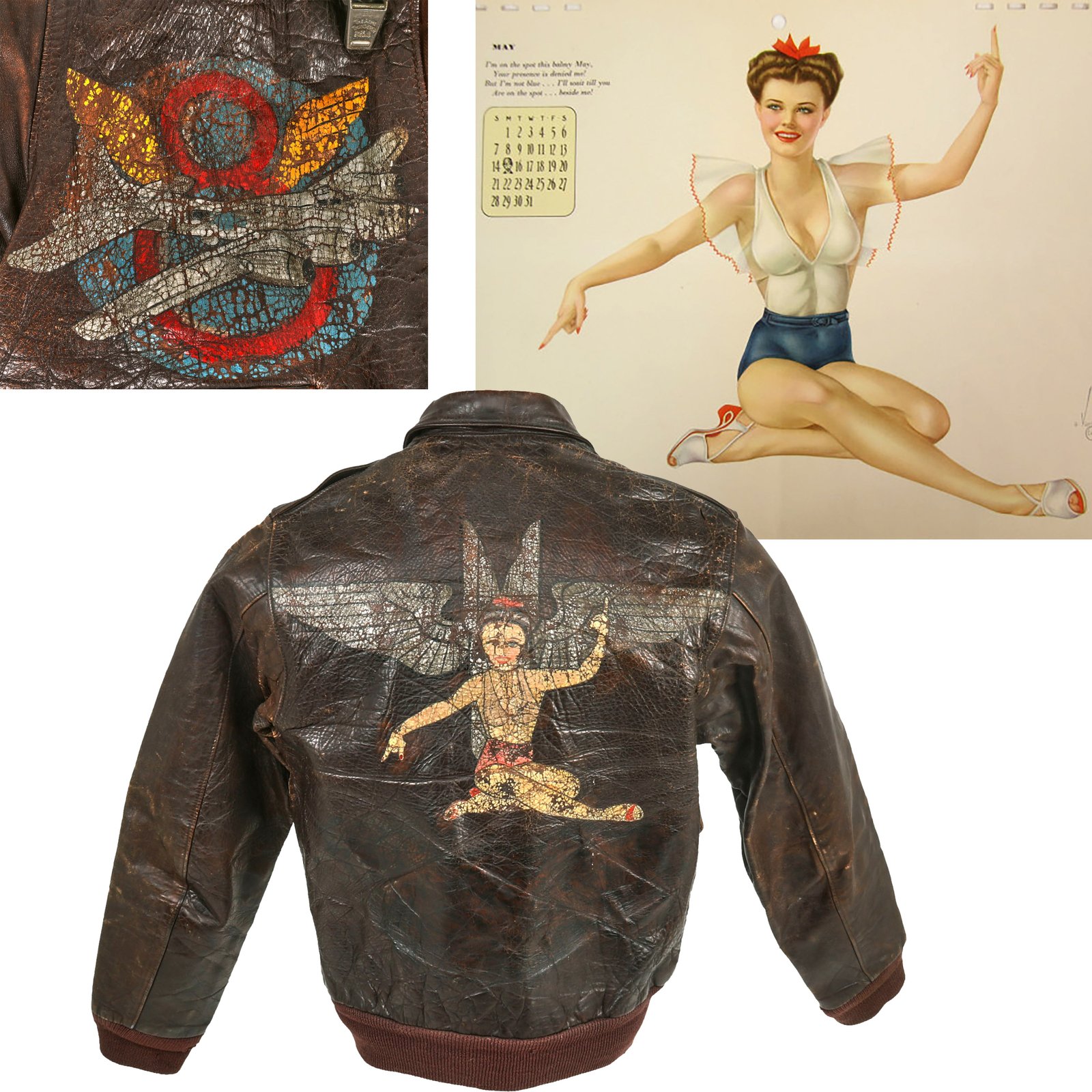Buy Original U.S. WWII 8th Air Force Varga May 1944 Esquire Magazine Pin-Up Girl Painted A-2 Leather Flight Jacket with Laundry Number & Painted Aerial Gunner’s Wings | Original Firearms Antique For Sale