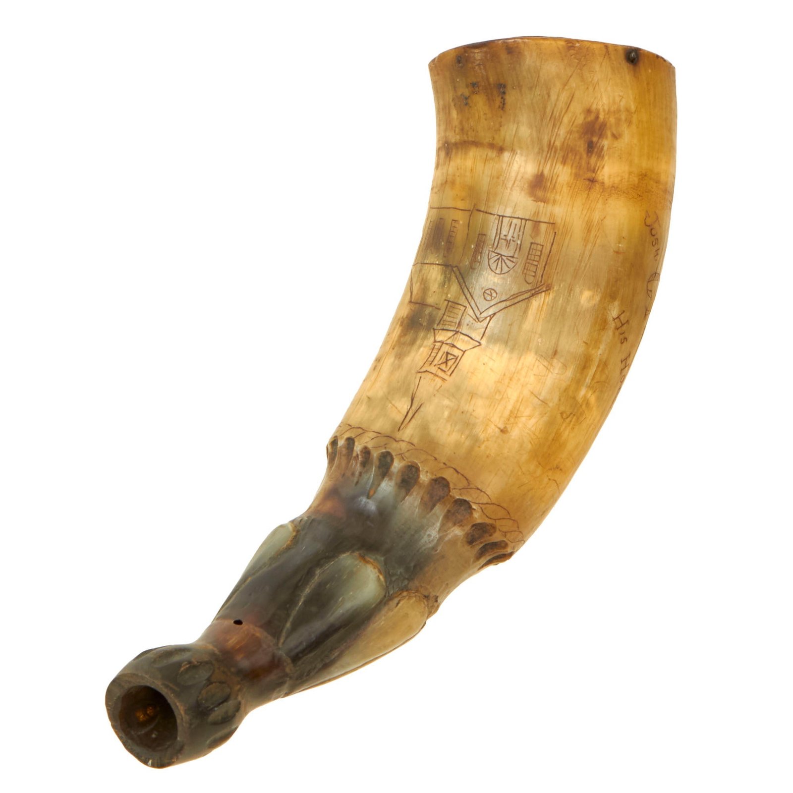 Buy Original American Revolutionary War Era Scrimshaw Powder Horn Named to Joshua Crow, 2nd Regiment, New York Militia - c. 1786 | Original Firearms Antique For Sale