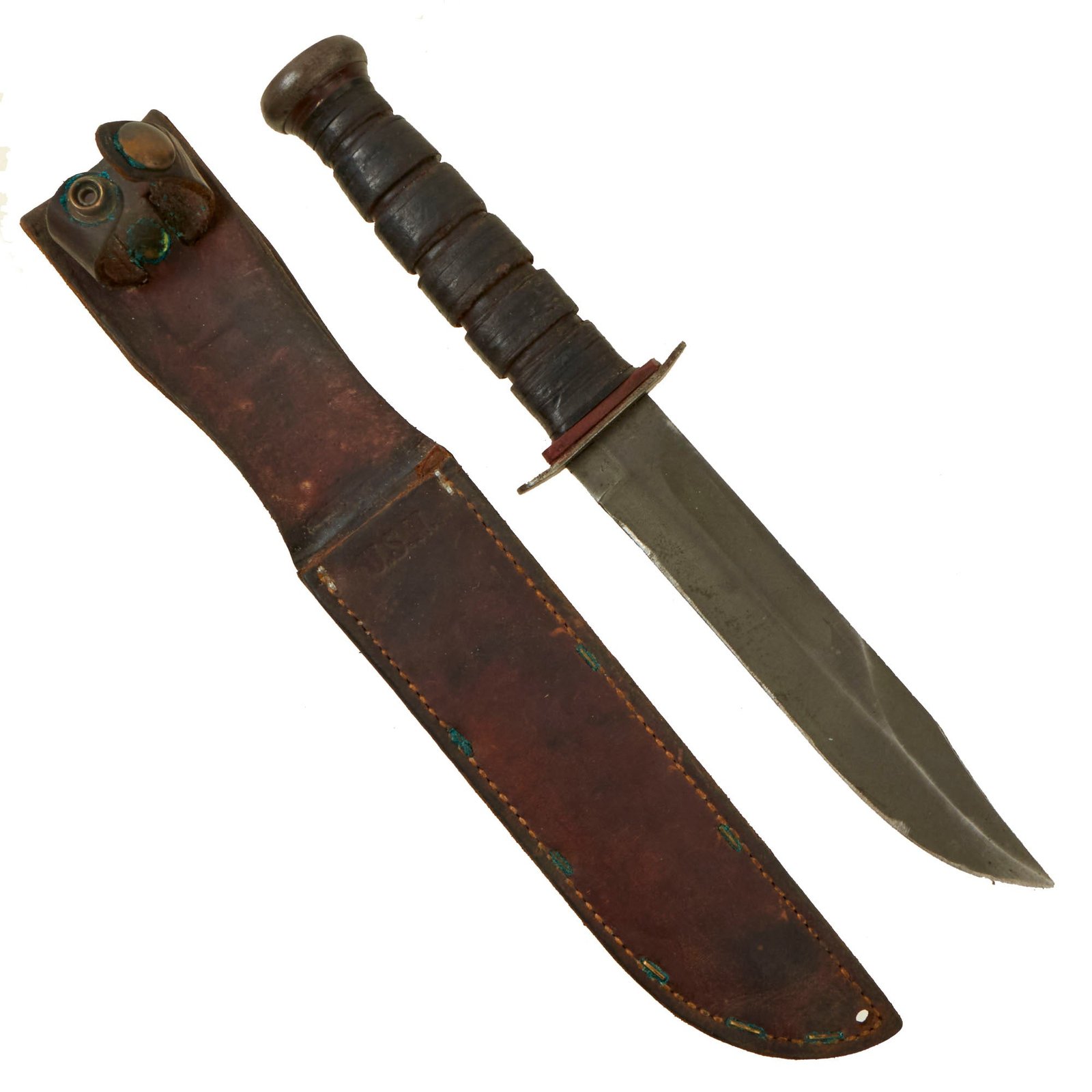 Buy Original U.S. WWII US NAVY PAL RH-37 Fighting Knife with Red Spacers & USN Marked Leather Sheath | Original Firearms Antique For Sale