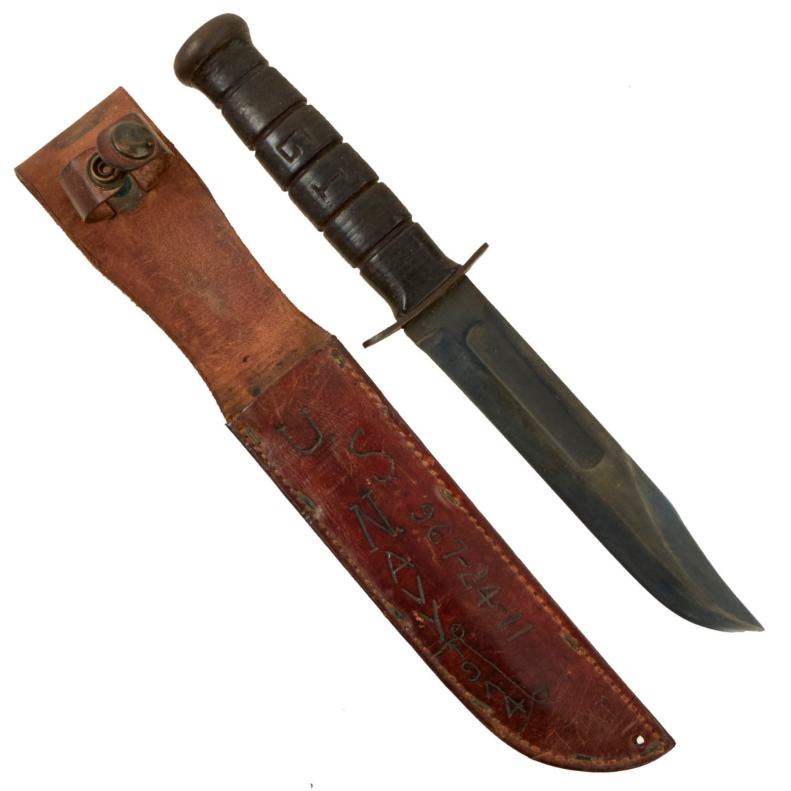 Buy Original U.S. WWII Named USN Mark 2 KA-BAR Blade Marked Fighting Knife with Leather Scabbard - James W. Bilbrey SC-701 | Original Firearms Antique For Sale