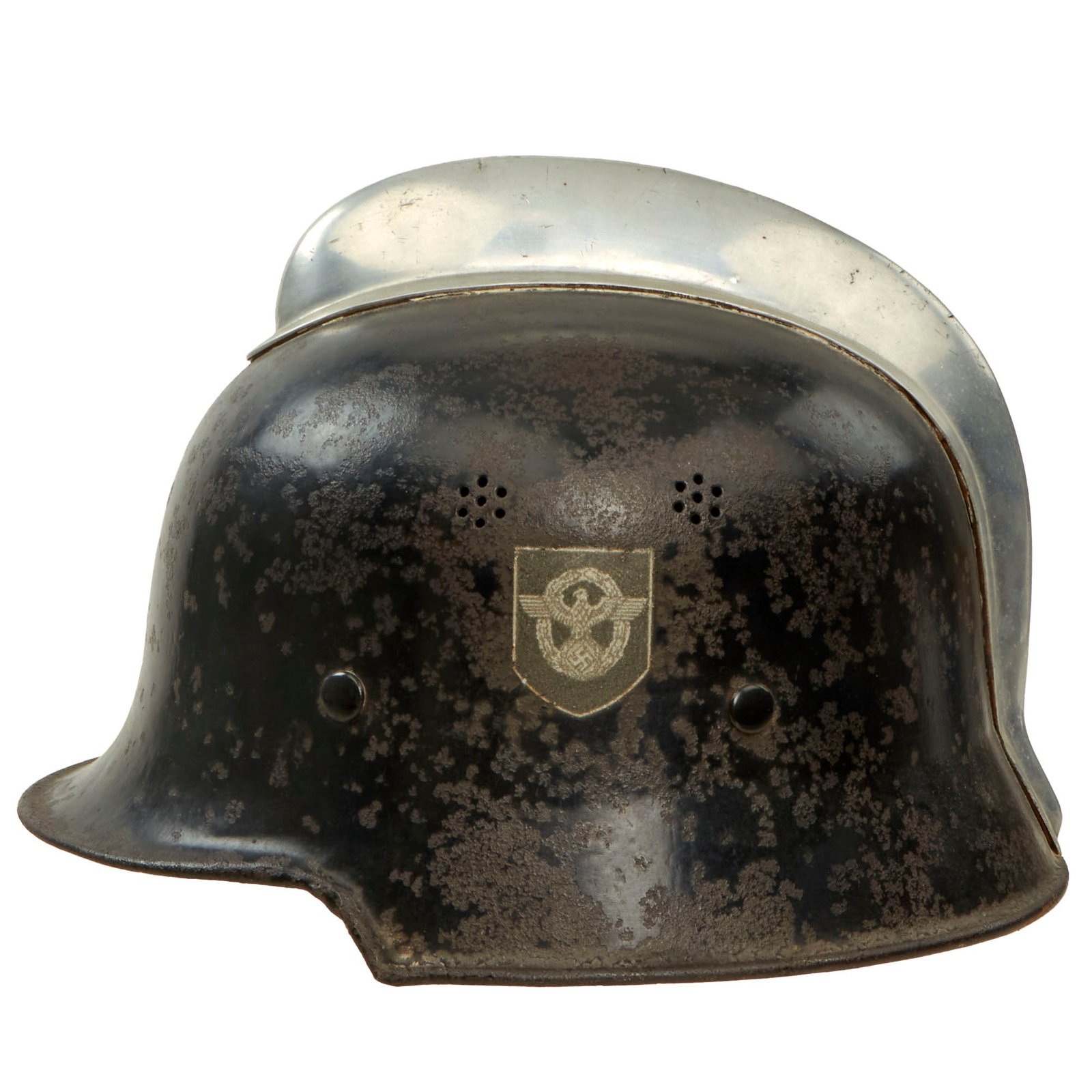 Buy Original German WWII M34 Square Dip Double Decal Fire Protection Police Helmet with Comb and Rare Leather Neck Shield - Feuerwehr | Original Firearms Antique For Sale