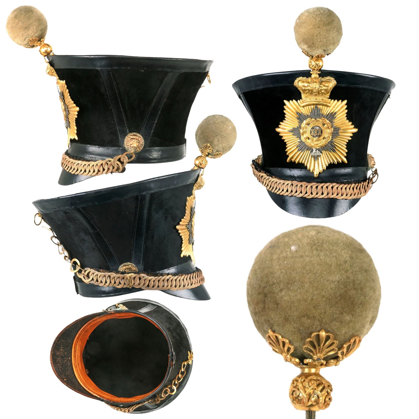Buy Original British Victorian Era 30th (Cambridgeshire) Regiment of Foot Officers Bell Top Shako with Complete Chinstrap & Ball Tuft - Circa 1830s | Original Firearms Antique For Sale
