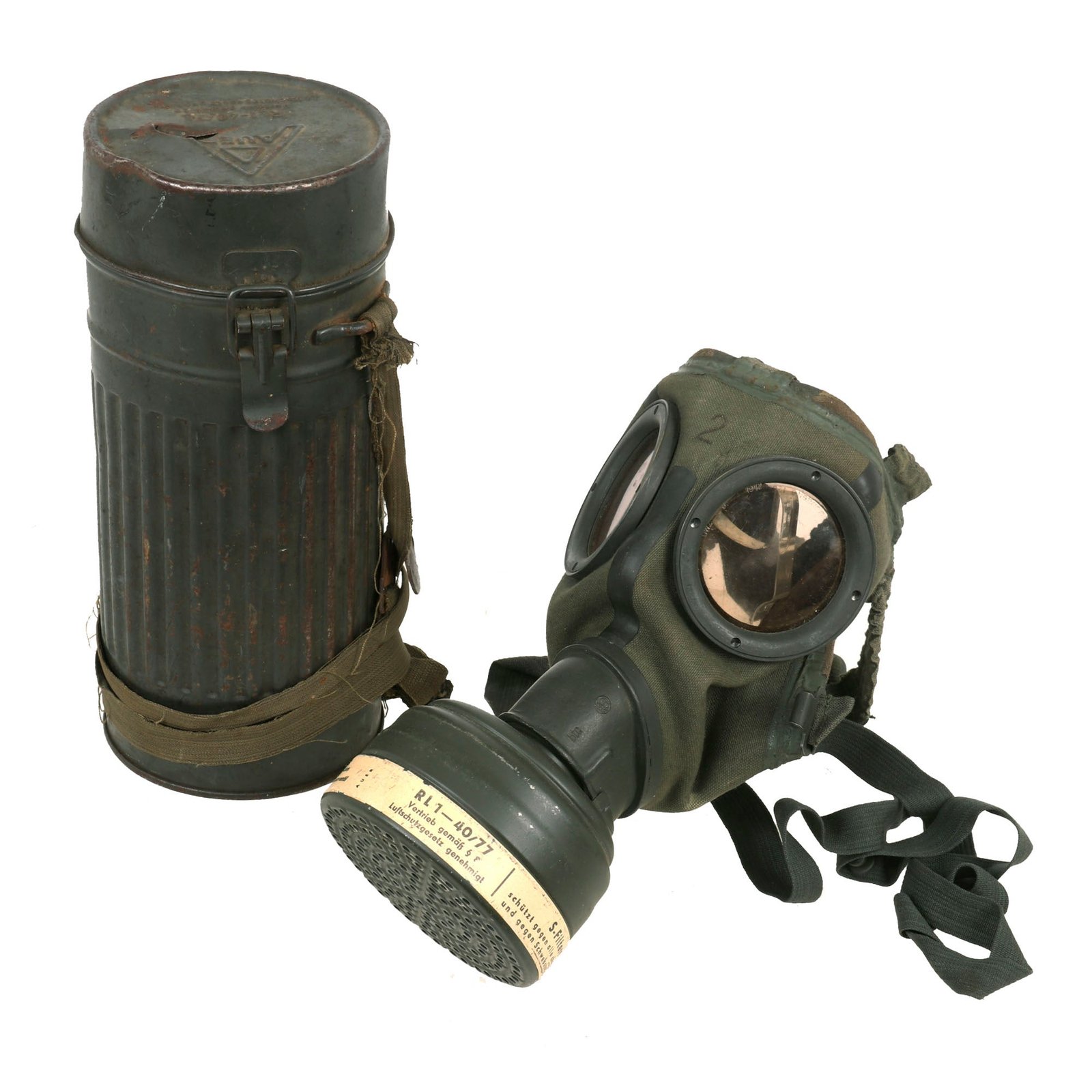 Buy Original German WWII 1943 Dated Luftschutz Gas Mask by AUER with Battle Damaged Canister & Replacement Lenses | Original Firearms Antique For Sale