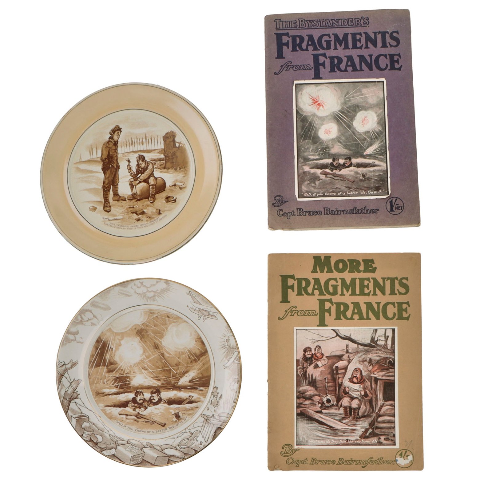 Original British WWI Bruce Bairnsfather Cartoon Books with War Relief Plates - Rare