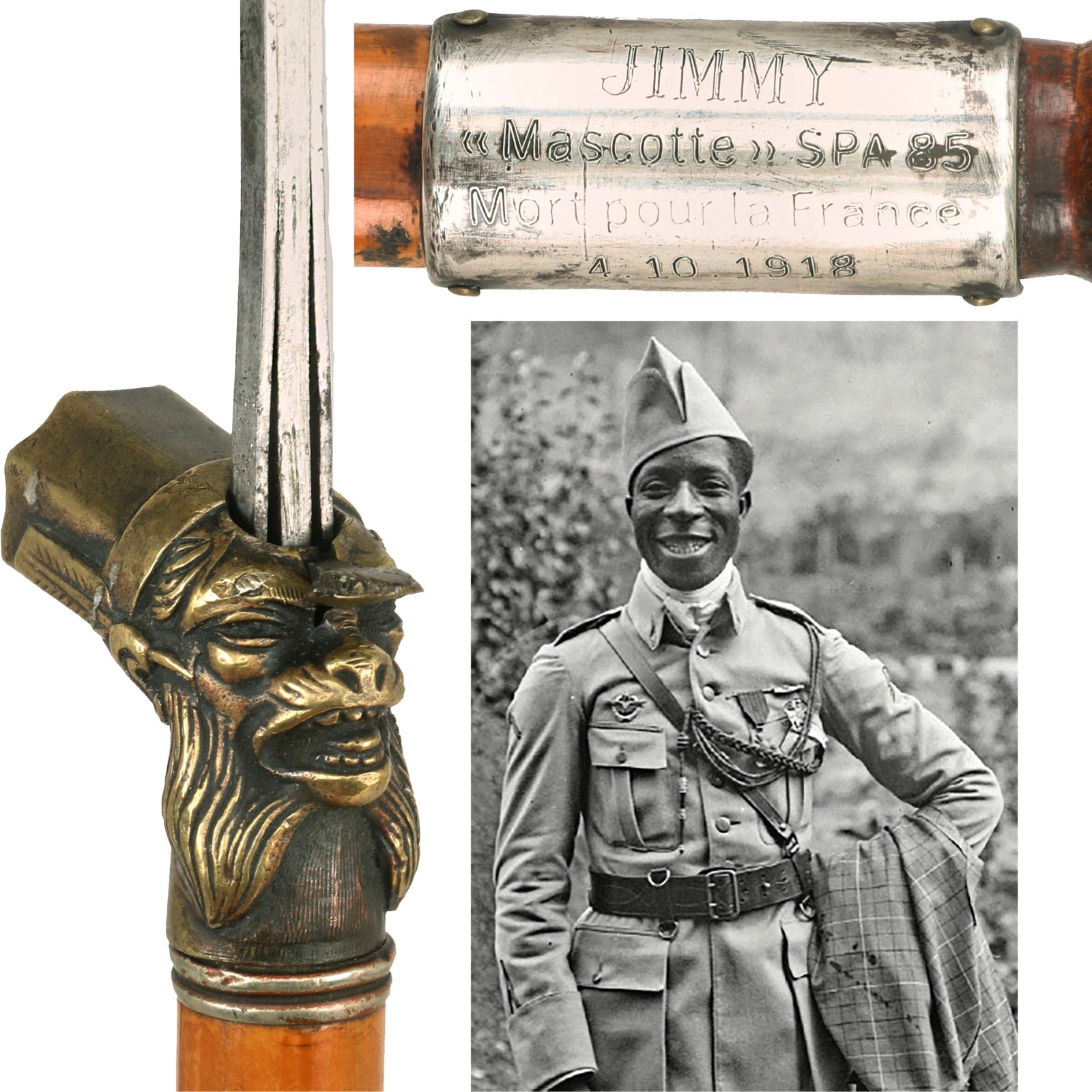 Buy Original U.S. WWI Sword Cane Named to the World’s First Black Fighter Pilot “The Black Swallow of Death” Eugene Bullard with Plaque for Monkey “Jimmy” Mascot of Escadrille 85 | Original Firearms Antique For Sale
