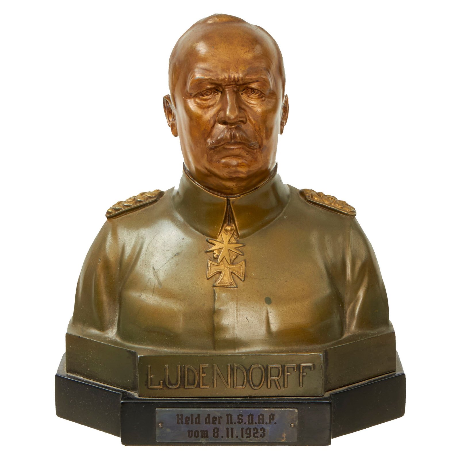 Buy Original German WWII Bronze Signed Bust of General Erich Ludendorff with Plaque Commemorating His Involvement in the 1923 Beer Hall Putsch Failed Coup | Original Firearms Antique For Sale