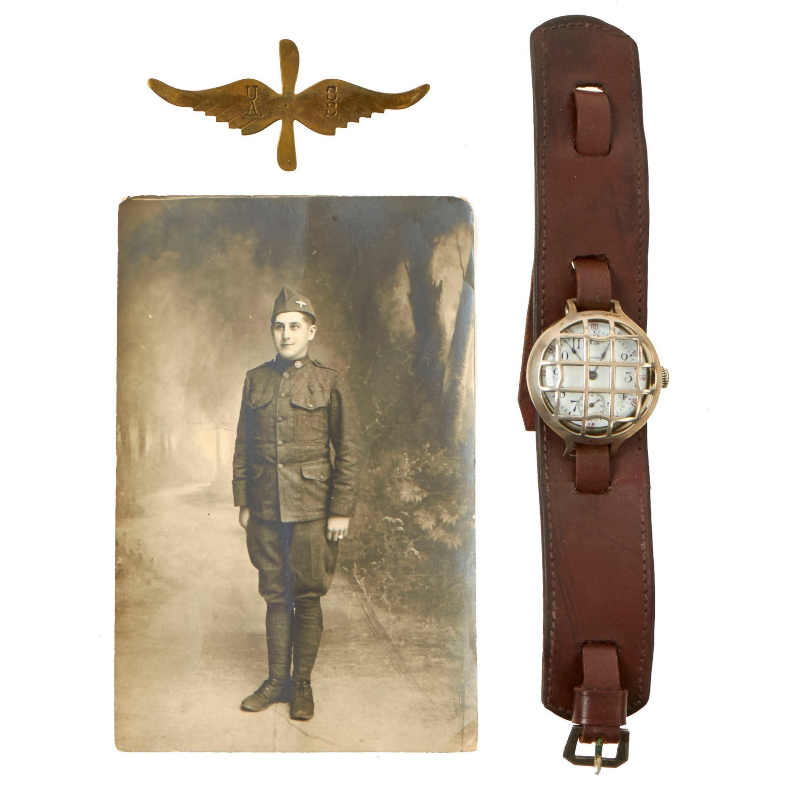 Buy Original U.S. WWI Waltham Model 1907 “Trench Watch” Dated 1916 With Original Shrapnel Cage, Strap, Air Service Trench Art Cap Device and Period Photo | Original Firearms Antique For Sale