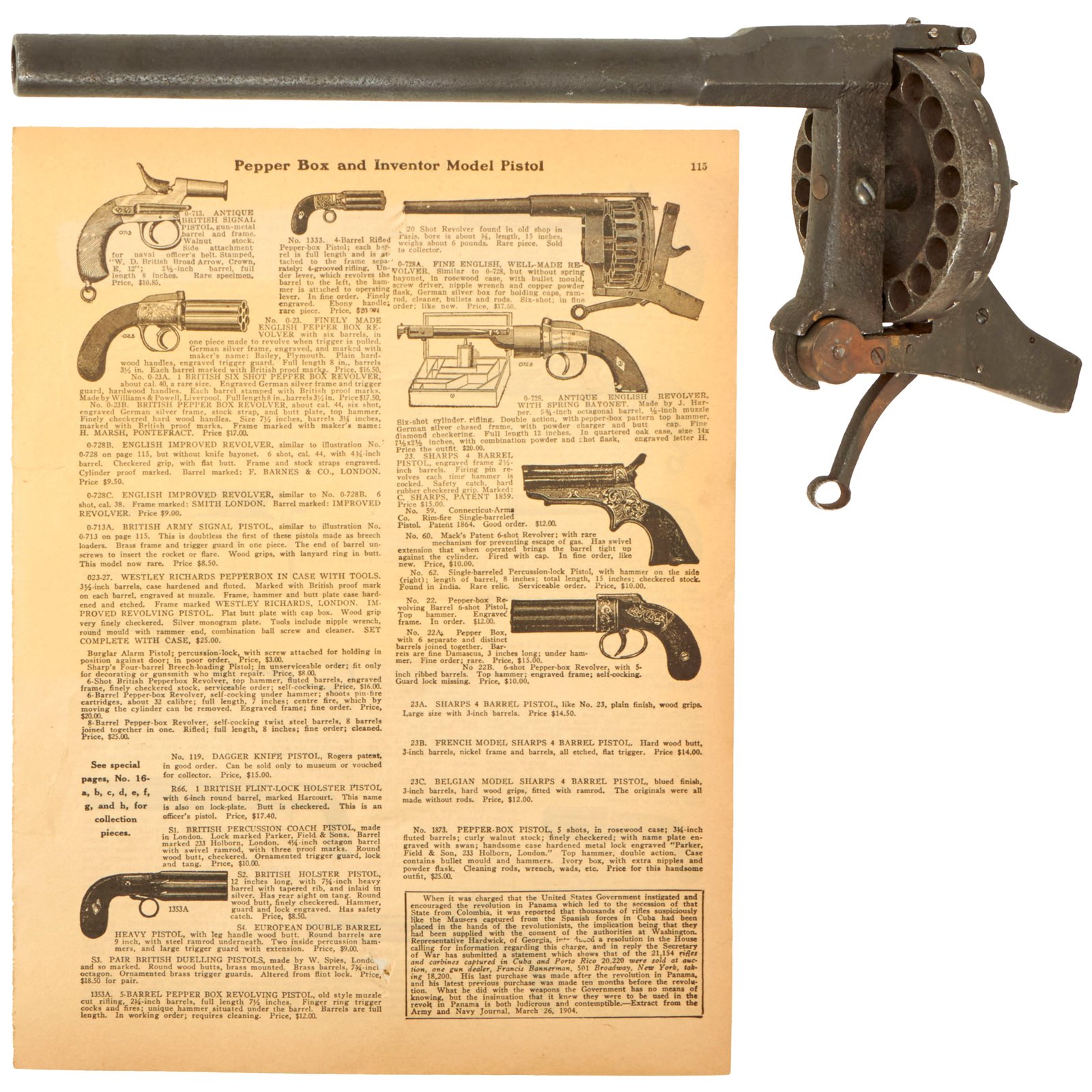 Buy Original French 19th Century Unique Massive 20-Shot Trap Revolver with Original 1927 Bannerman’s Advertisement - Circa 1880 | Original Firearms Antique For Sale