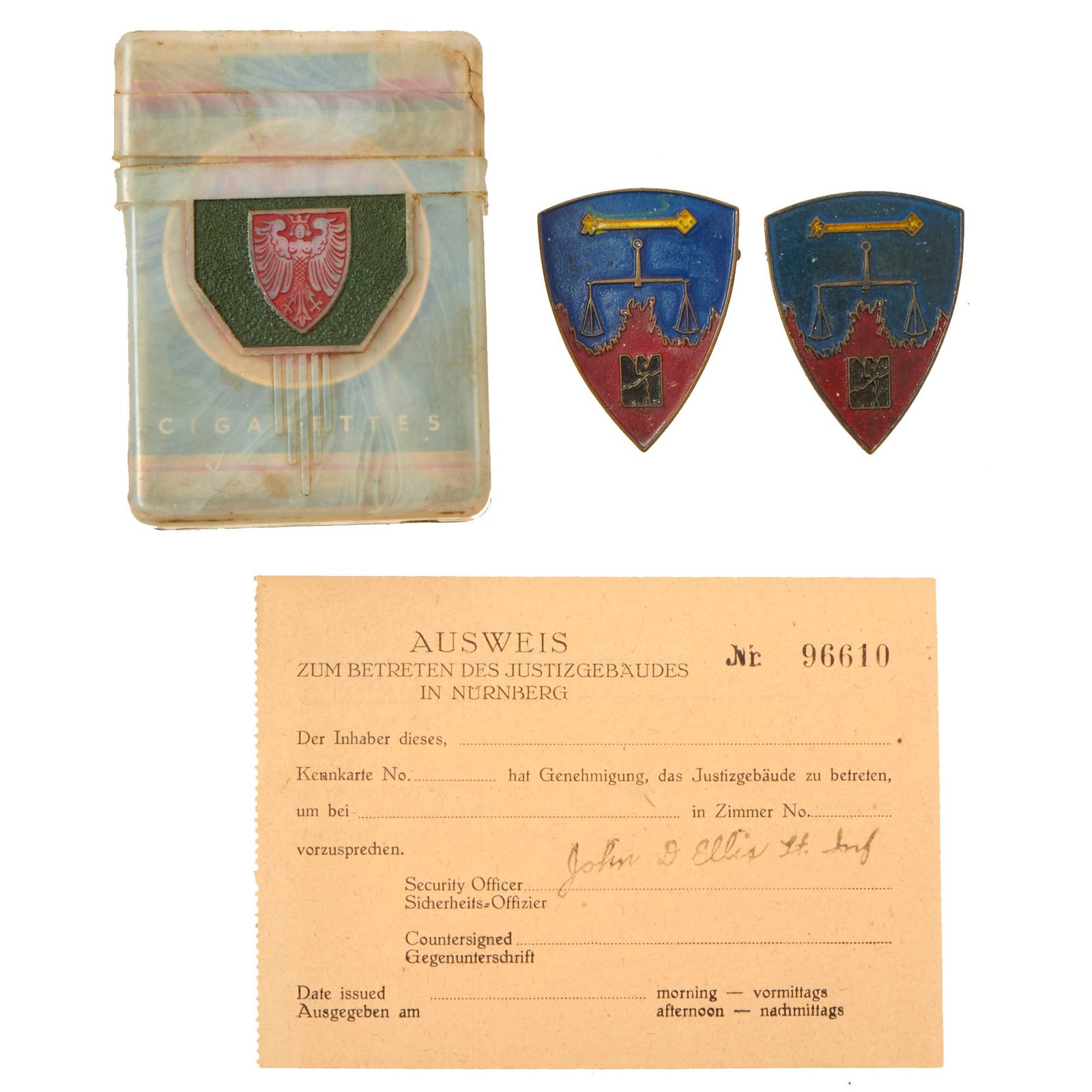 Buy Original U.S. WWII 6850th Internal Security Detachment German Made Unit Insignia With Nuremberg War Trials Cigarette Case and Unopened Lucky Strike Pack For Tribunal Guard Louis Johnson | Original Firearms Antique For Sale