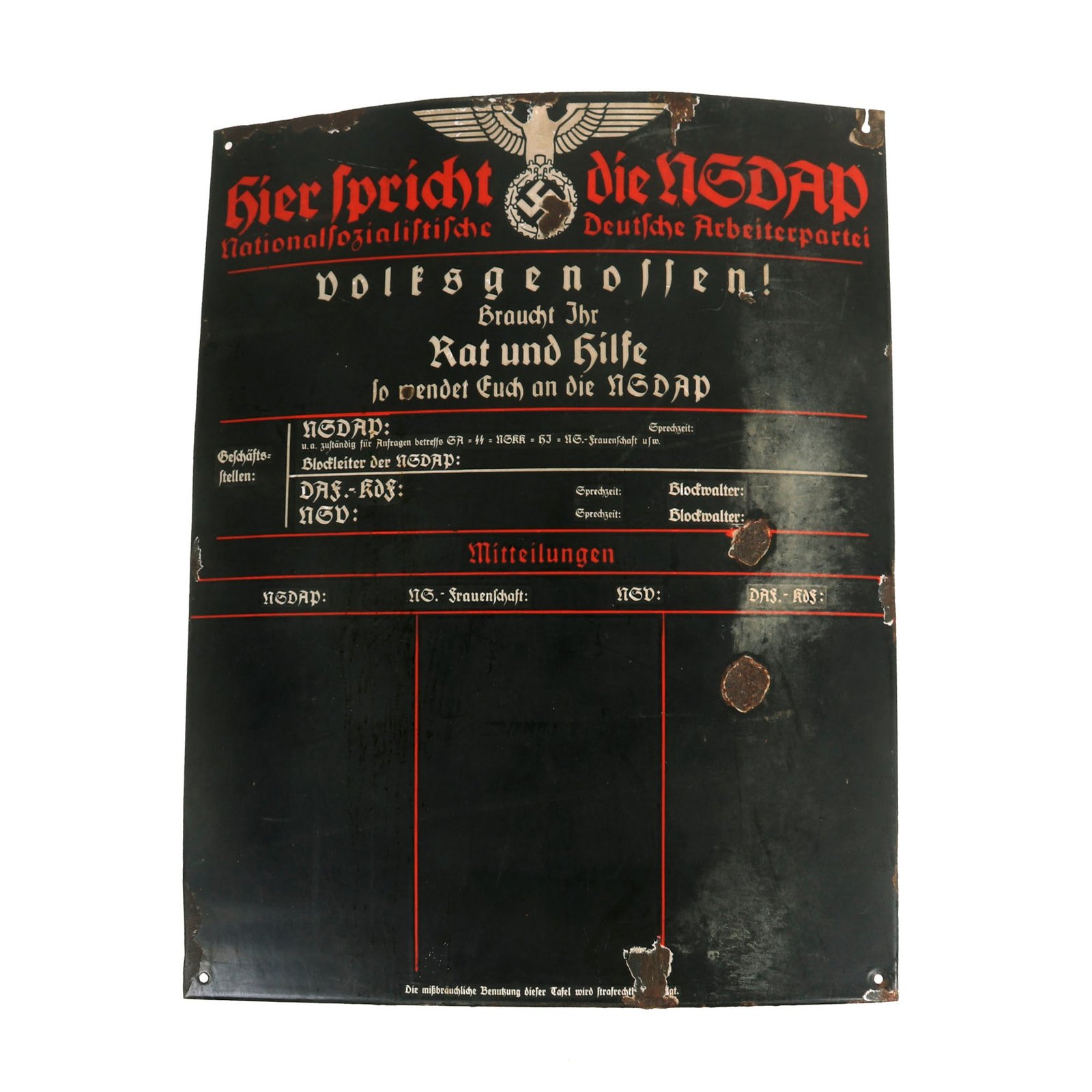 Buy Original German WWII Enameled Steel "Sign der NSDAP" 25 ¼" x 30 ⅝" Public Announcement Board - Emailleschild | Original Firearms Antique For Sale