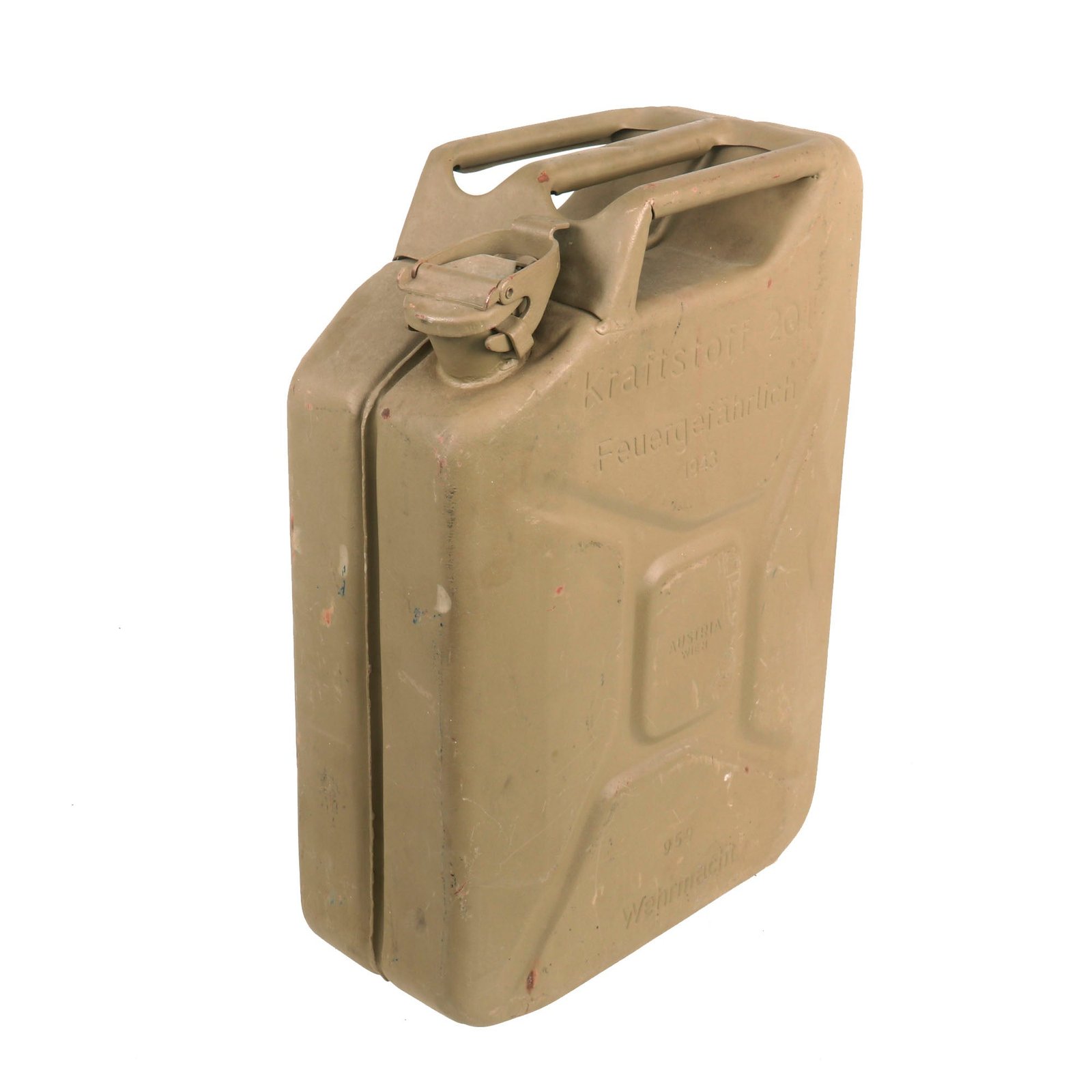 Buy Original German WWII Tropical Tan Wehrmacht 20 Liter Petrol Jerry Can by Enzesfelder Metallwerk AG Wien - Dated 1943 | Original Firearms Antique For Sale