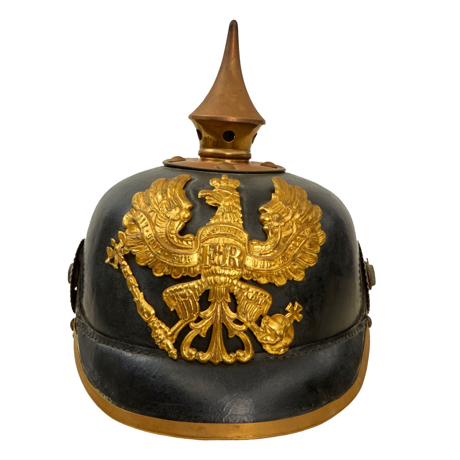 Buy Original German WWI Infantry Regiment 16 Marked Prussian M1895 Pickelhaube Spiked Helmet with Original Cockades & Liner - Dated 1915 - Size 58 | Original Firearms Antique For Sale