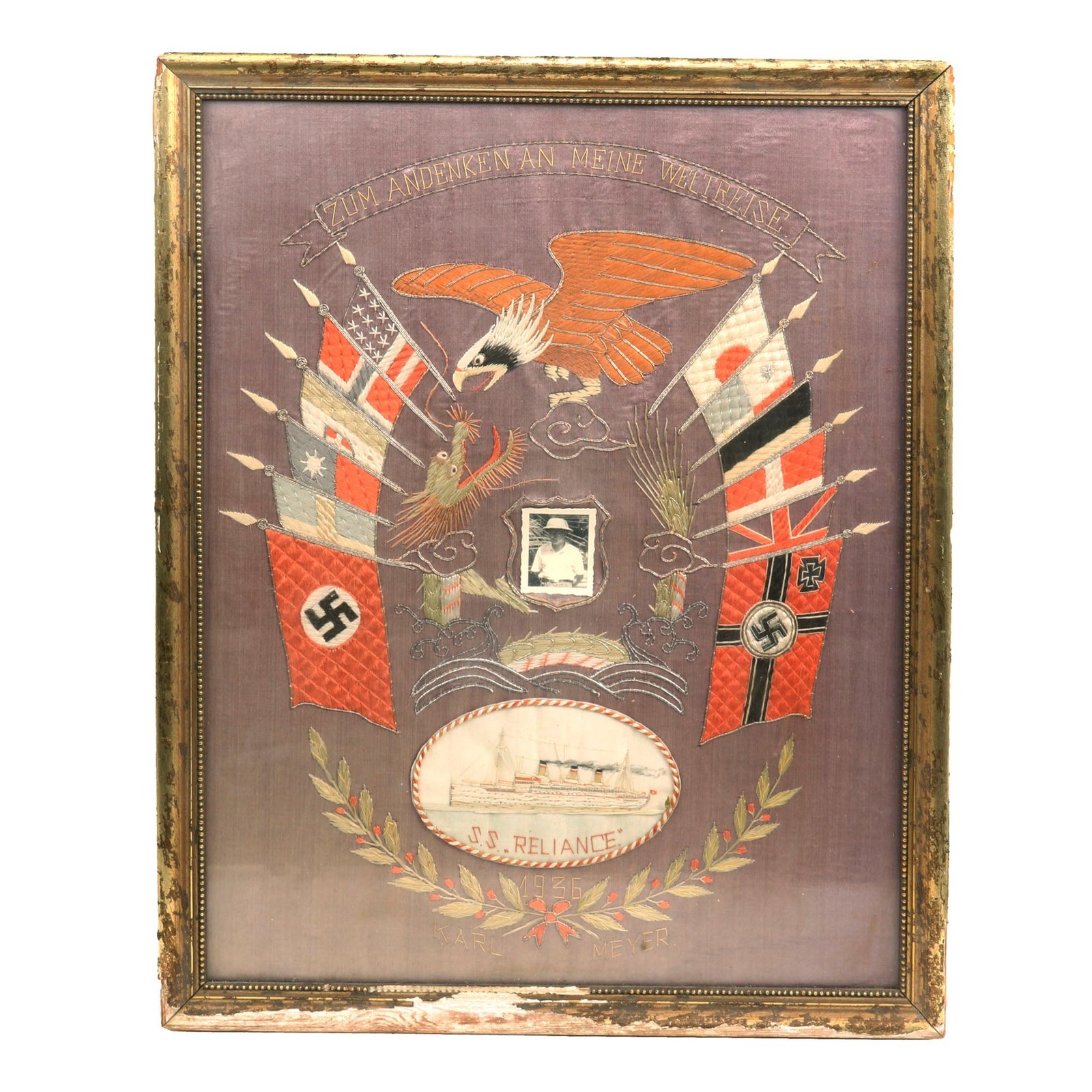 Buy Original German Pre-WWII Named Ocean Voyage 1936 Dated Tour Flag from HAPAG Ship SS Reliance - 17 ½" × 21 ½" | Original Firearms Antique For Sale