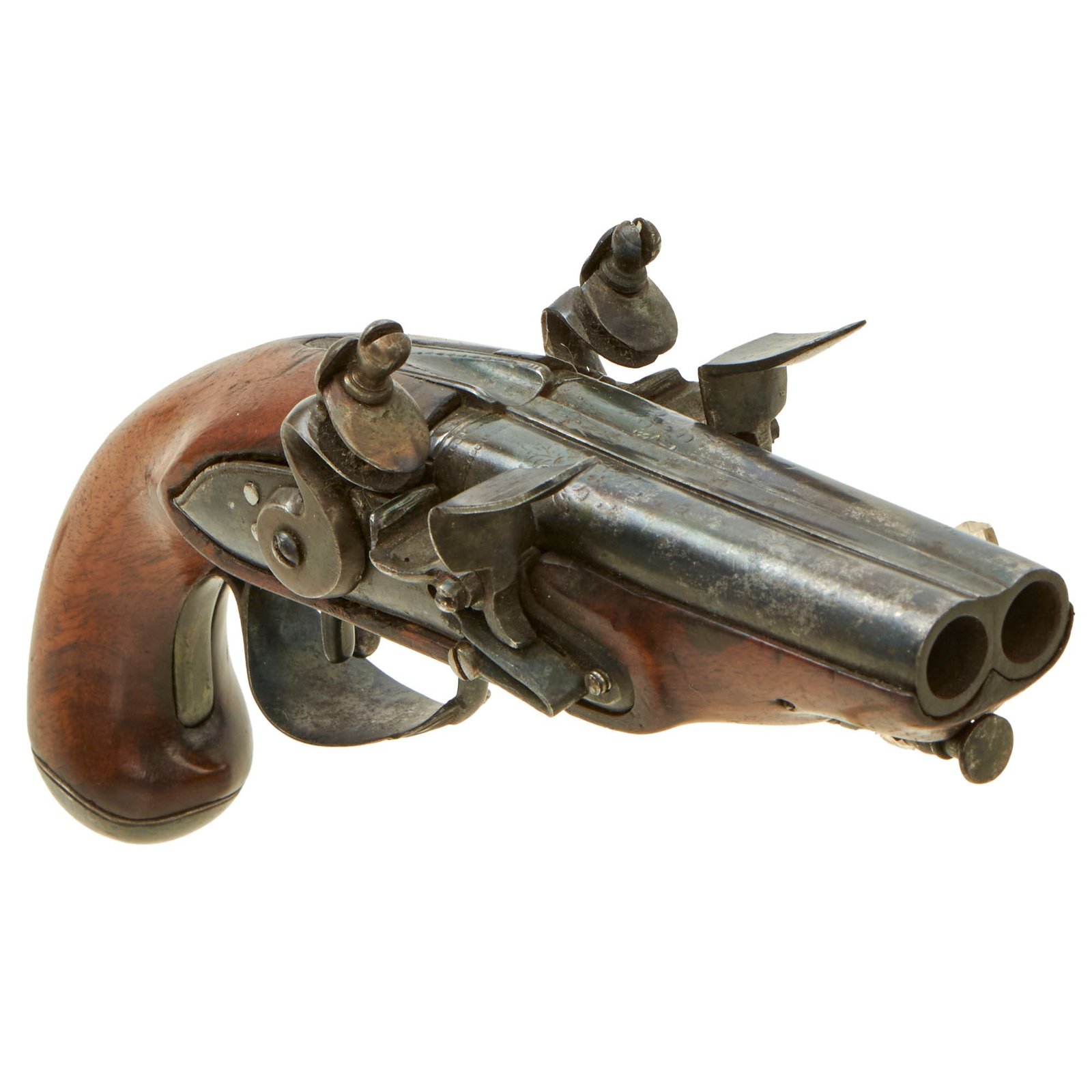 Buy Original 18th Century Continental European Double Barreled Flintlock Overcoat Pistol Belly Gun - Likely Belgian | Original Firearms Antique For Sale