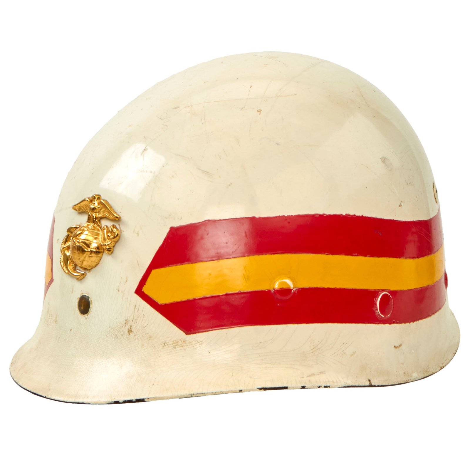 Buy Original U.S. Korean / Vietnam War Era WWII Reissued US Marine Corps Military Police Painted M1 Helmet Liner By Firestone With EGA | Original Firearms Antique For Sale