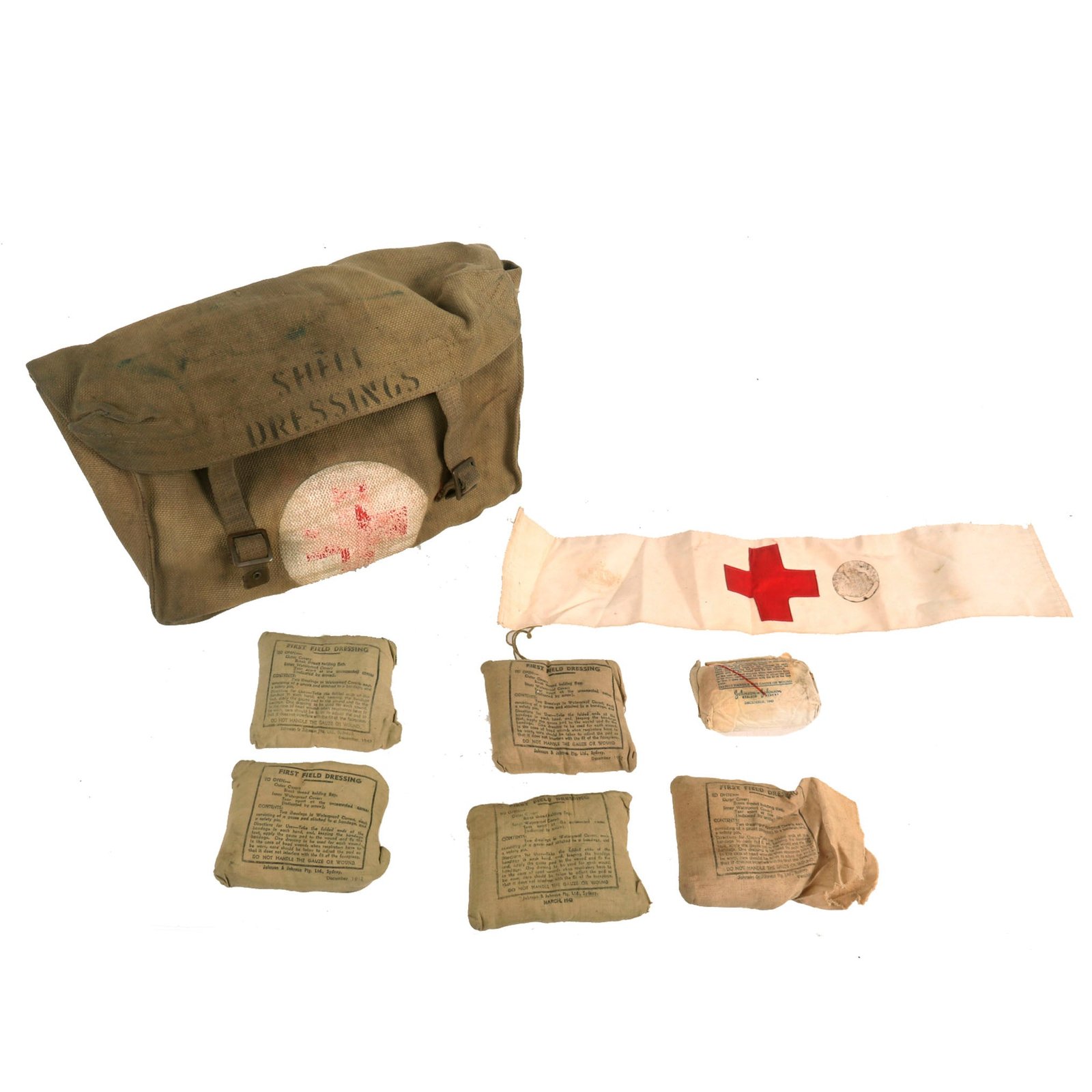 Buy Original British WWII Pattern 1937 Medic Shell Dressing Shoulder Bag with 7 Field Dressings and Red Cross Armband - dated 1942 | Original Firearms Antique For Sale
