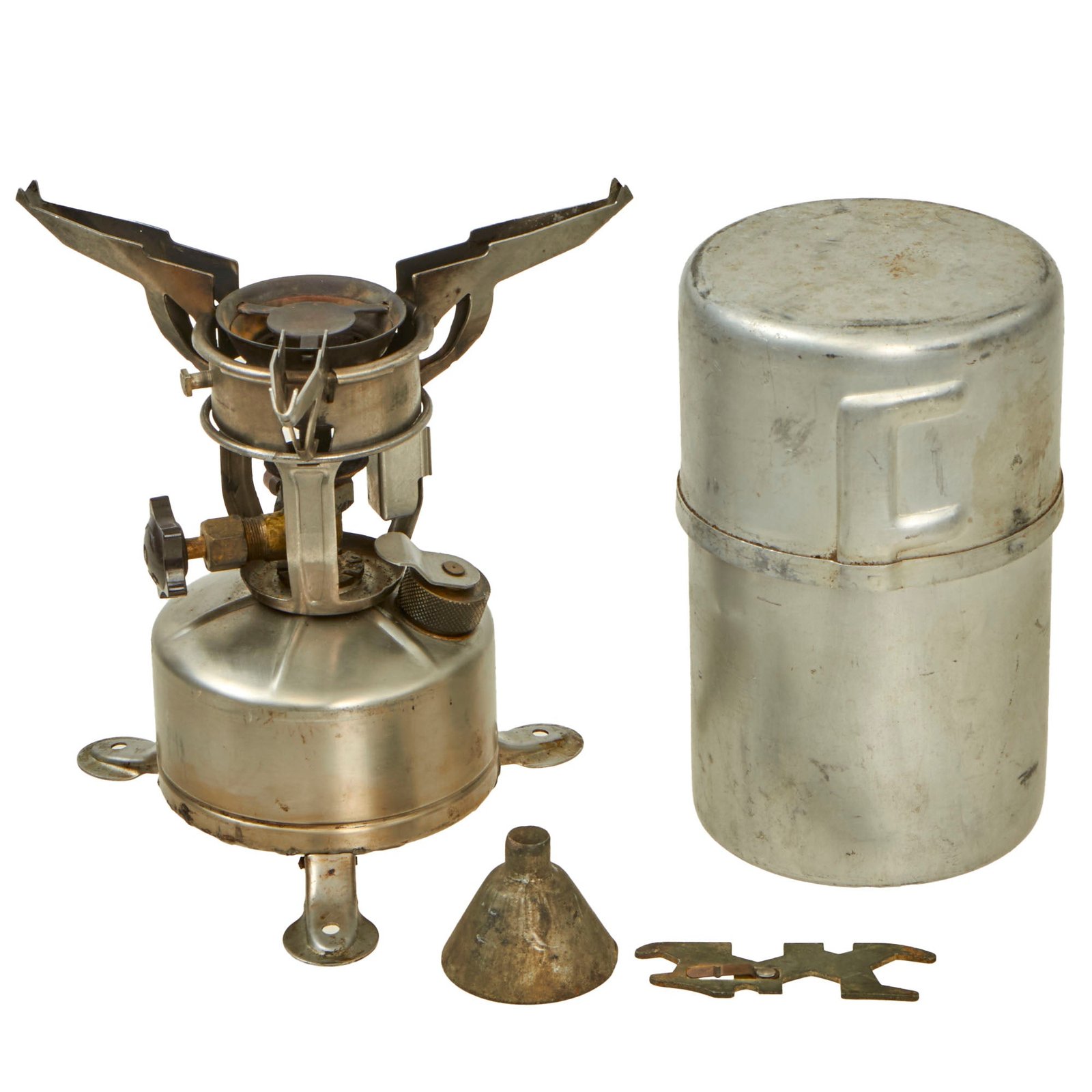 Buy Original WWII U.S. Issue Aladdin Company Gasoline Camp Mountain Stove in Bayonet "F" Canister - both dated 1945 | Original Firearms Antique For Sale