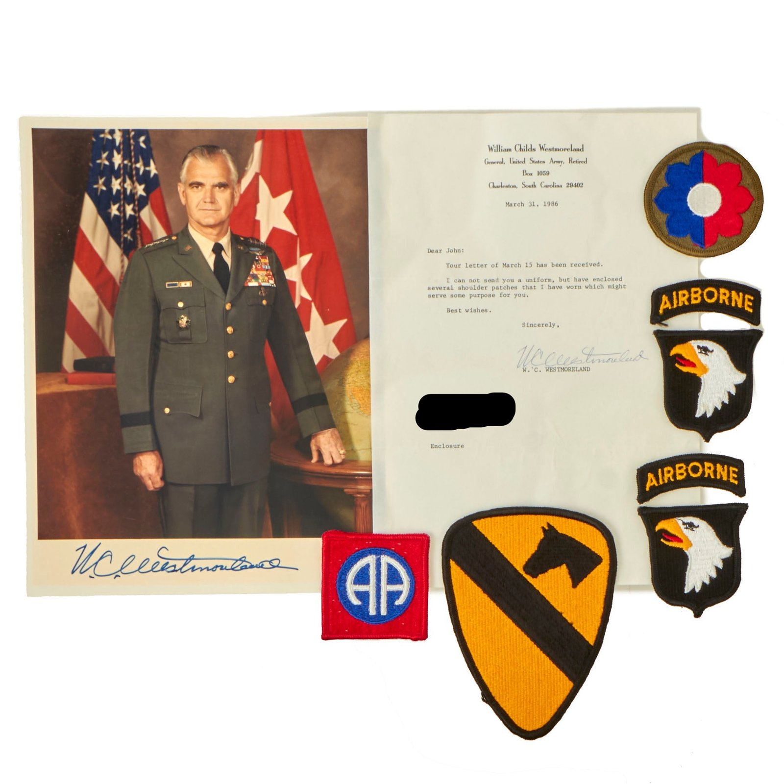 Buy Original U.S. Vietnam War General Westmoreland Signed Letter of Provenance - Insignia and Signed Photograph | Original Firearms Antique For Sale