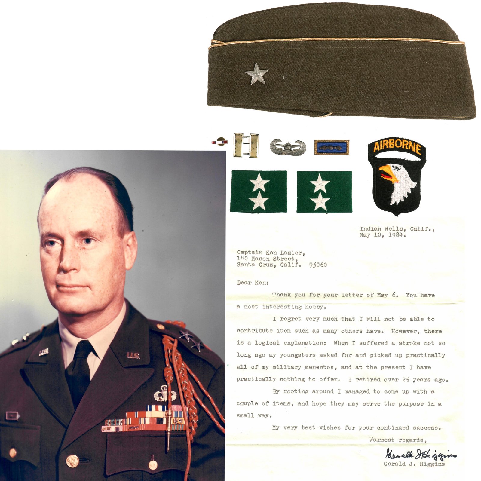 Buy Original U.S. WWII General Gerald Higgins 101st Airborne Division Named Overseas Cap - Signed Letter of Provenance - Insignia Collection | Original Firearms Antique For Sale