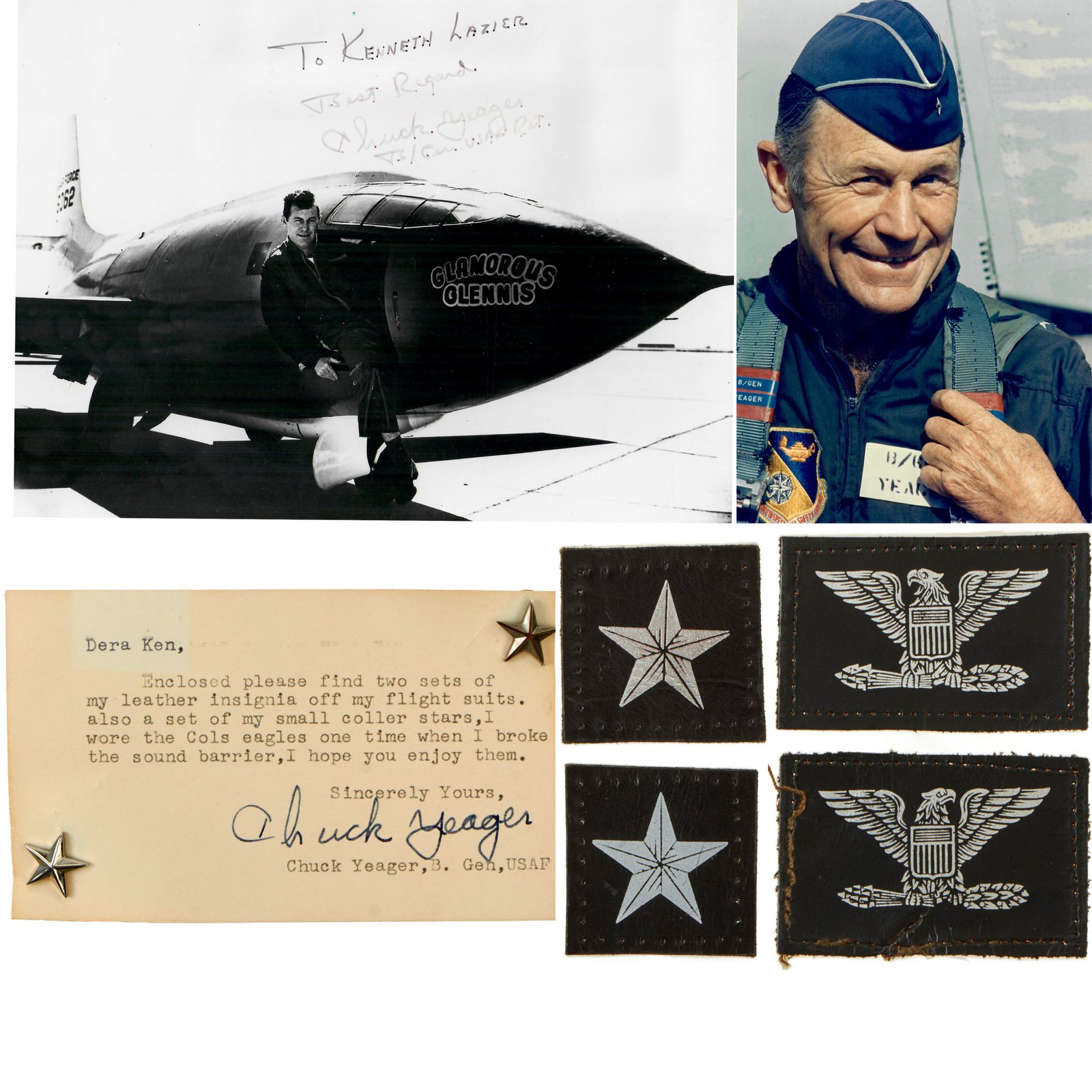 Buy Original U.S. Brigadier General Chuck Yeager Signed Photograph - Letter of Provenances and Leather USAF Insignia Worn While Breaking the Sound Barrier | Original Firearms Antique For Sale
