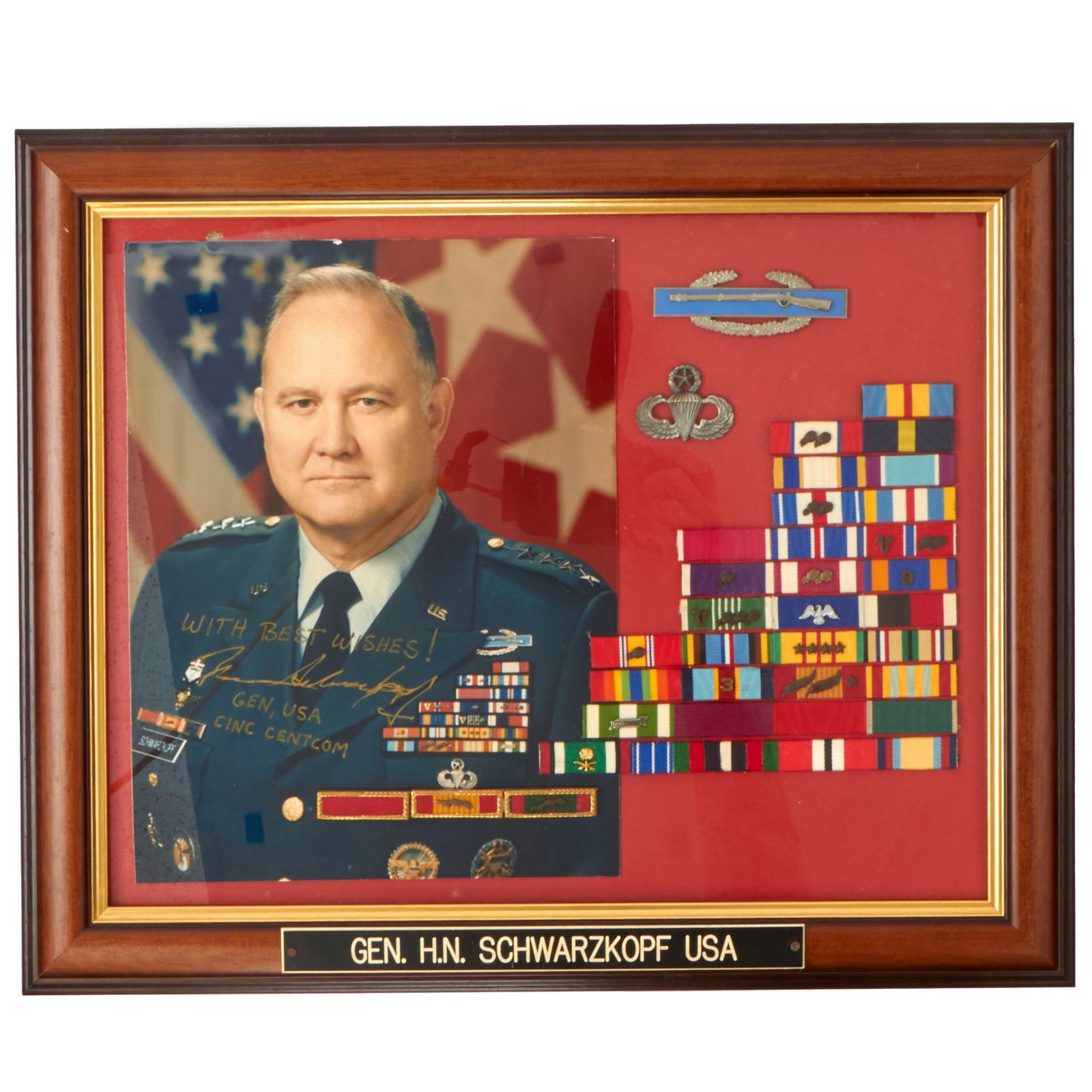 Buy Original U.S. General U.S. Army Norman Schwarzkopf Jr. Signed Photograph with Personal Combat Infantry Badge and Master Jump Wings - 16 ½” 13 ½” | Original Firearms Antique For Sale