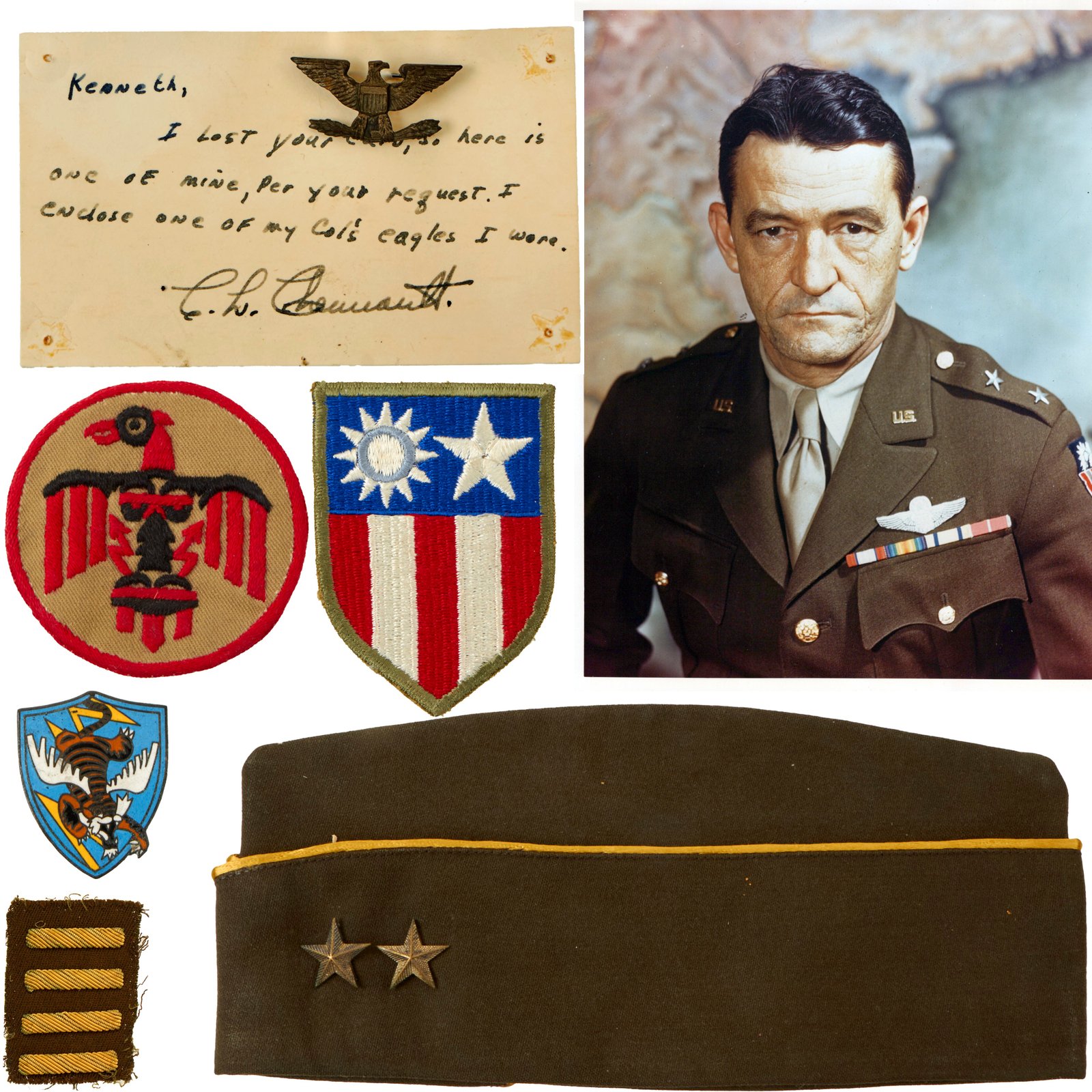 Buy Original U.S. WWII General Chennault American Volunteer Group (AVG) Flying Tigers Signed Note of Provenance - Insignia, Overseas Cap, Patches and Photograph | Original Firearms Antique For Sale