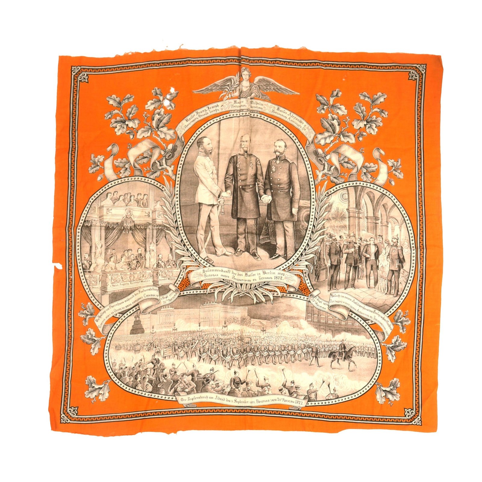 Buy Original German Franco-Prussian War Era Commemorative The Three (Kaisers) Emperors League Wall Hanger (“Handkerchief”) for Berlin 1872 Featuring Kaiser Francis Joseph (Austria), Kaiser Wilhelm I (Germany), “Kaiser” Alexander II (Russia); | Original Firearms Antique For Sale