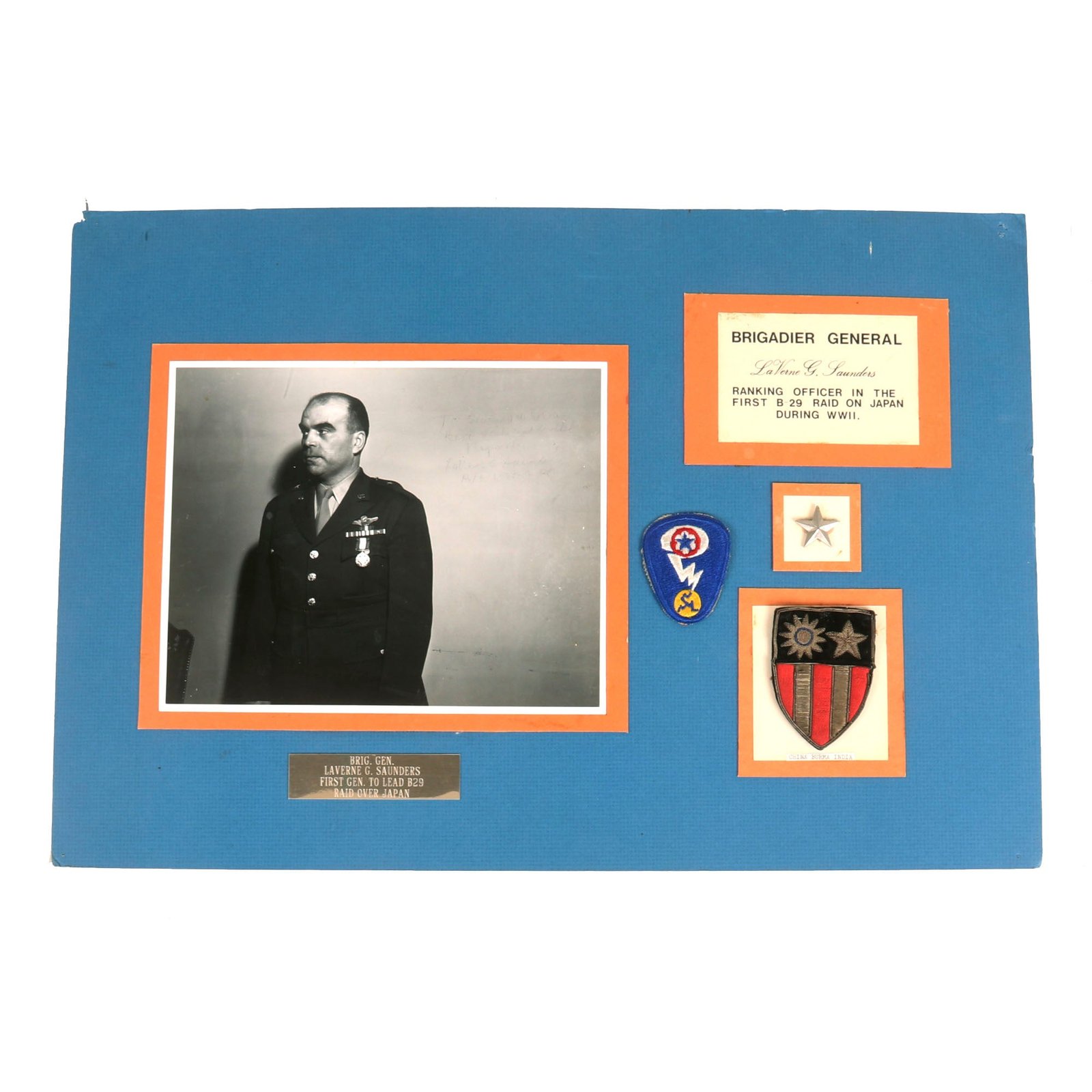 Buy Original U.S. WWII Brigadier General Saunders Signed Image, Rank and Bullion Embroidered Sleeve Insignia - First B-29 Raid on Japan | Original Firearms Antique For Sale